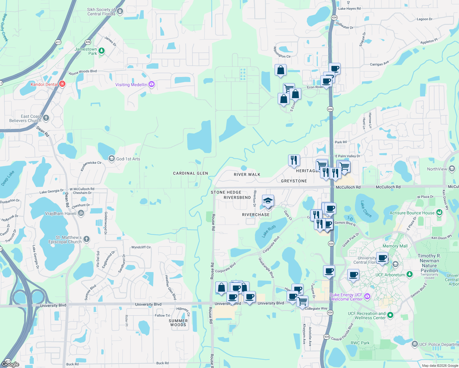map of restaurants, bars, coffee shops, grocery stores, and more near 3874 Golden Meadow Court in Oviedo