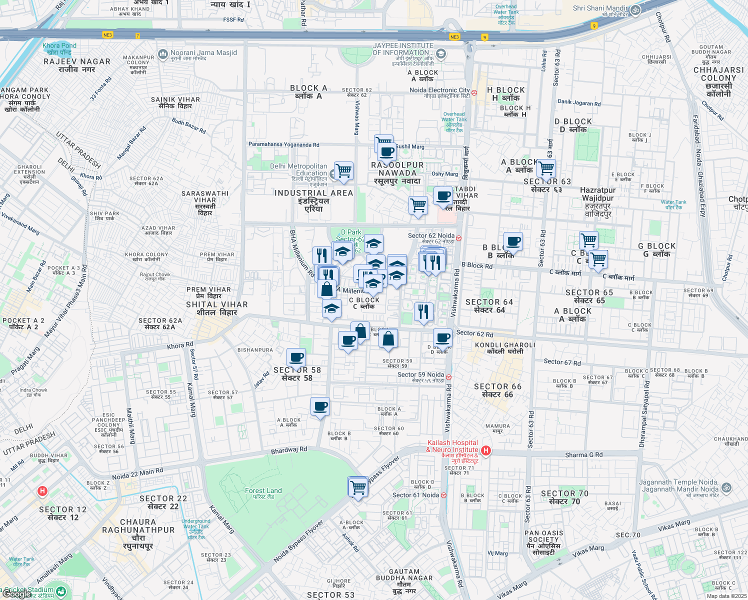 map of restaurants, bars, coffee shops, grocery stores, and more near in Noida