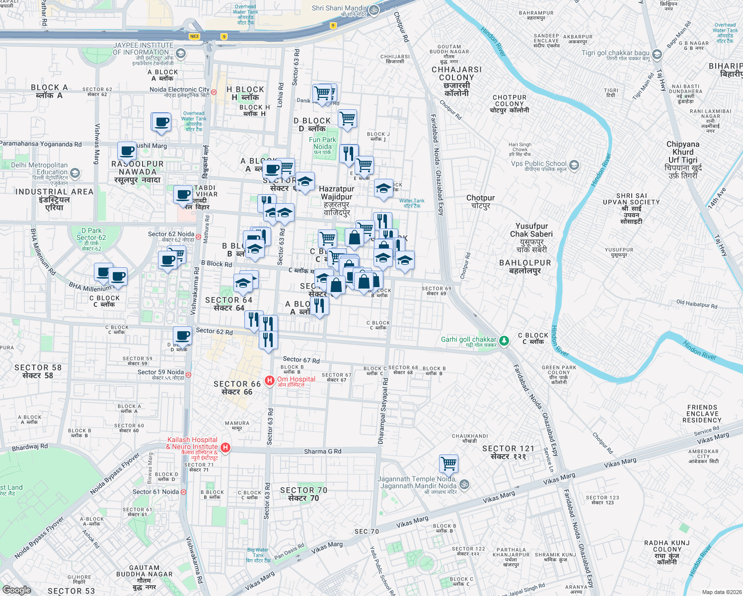 map of restaurants, bars, coffee shops, grocery stores, and more near in Noida