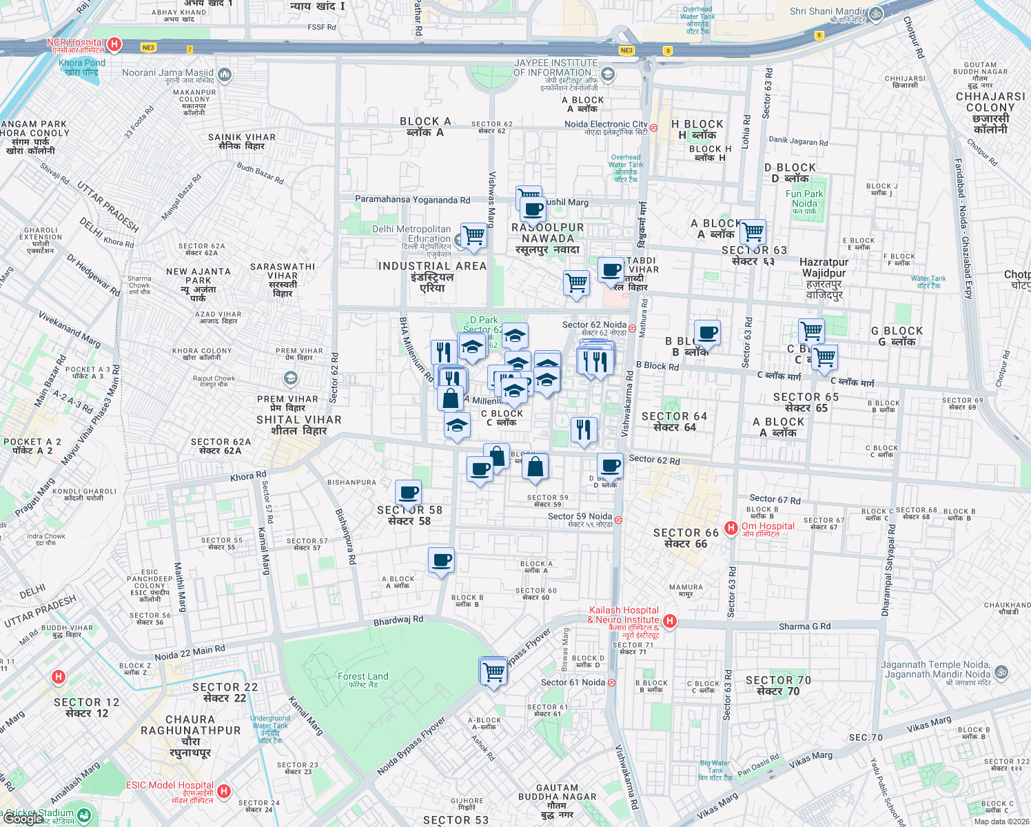 map of restaurants, bars, coffee shops, grocery stores, and more near in Noida