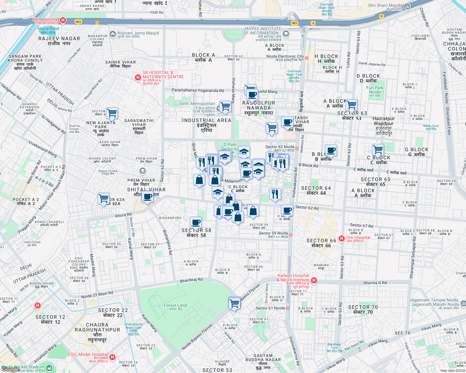 map of restaurants, bars, coffee shops, grocery stores, and more near in Noida