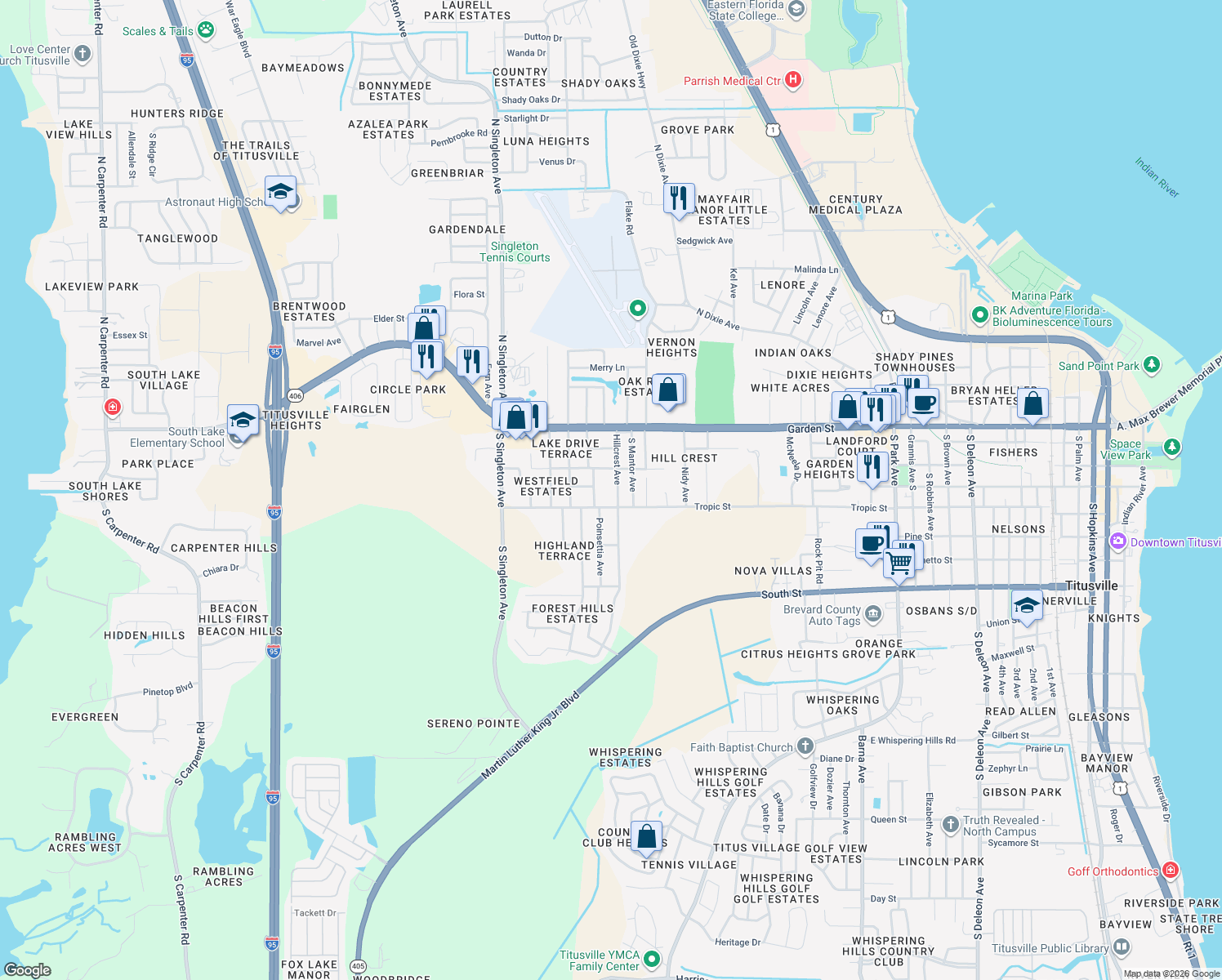 map of restaurants, bars, coffee shops, grocery stores, and more near 302 Hillcrest Avenue in Titusville