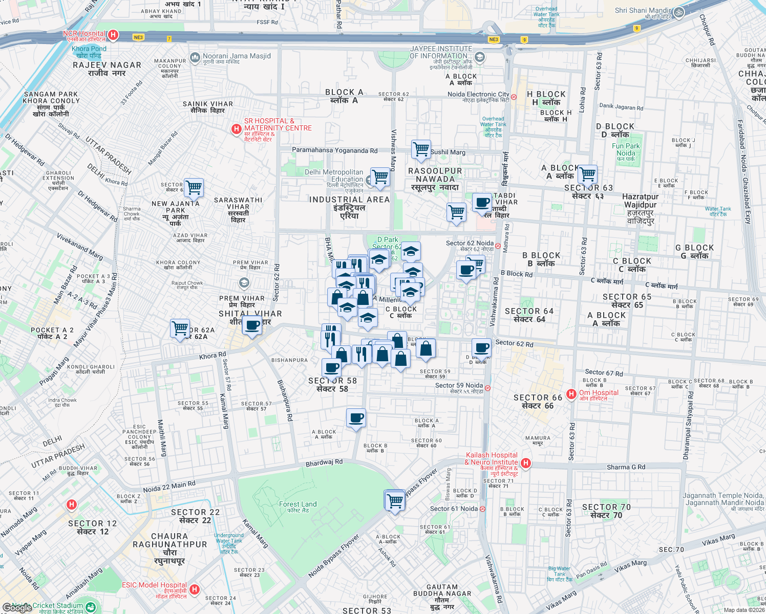 map of restaurants, bars, coffee shops, grocery stores, and more near in Noida