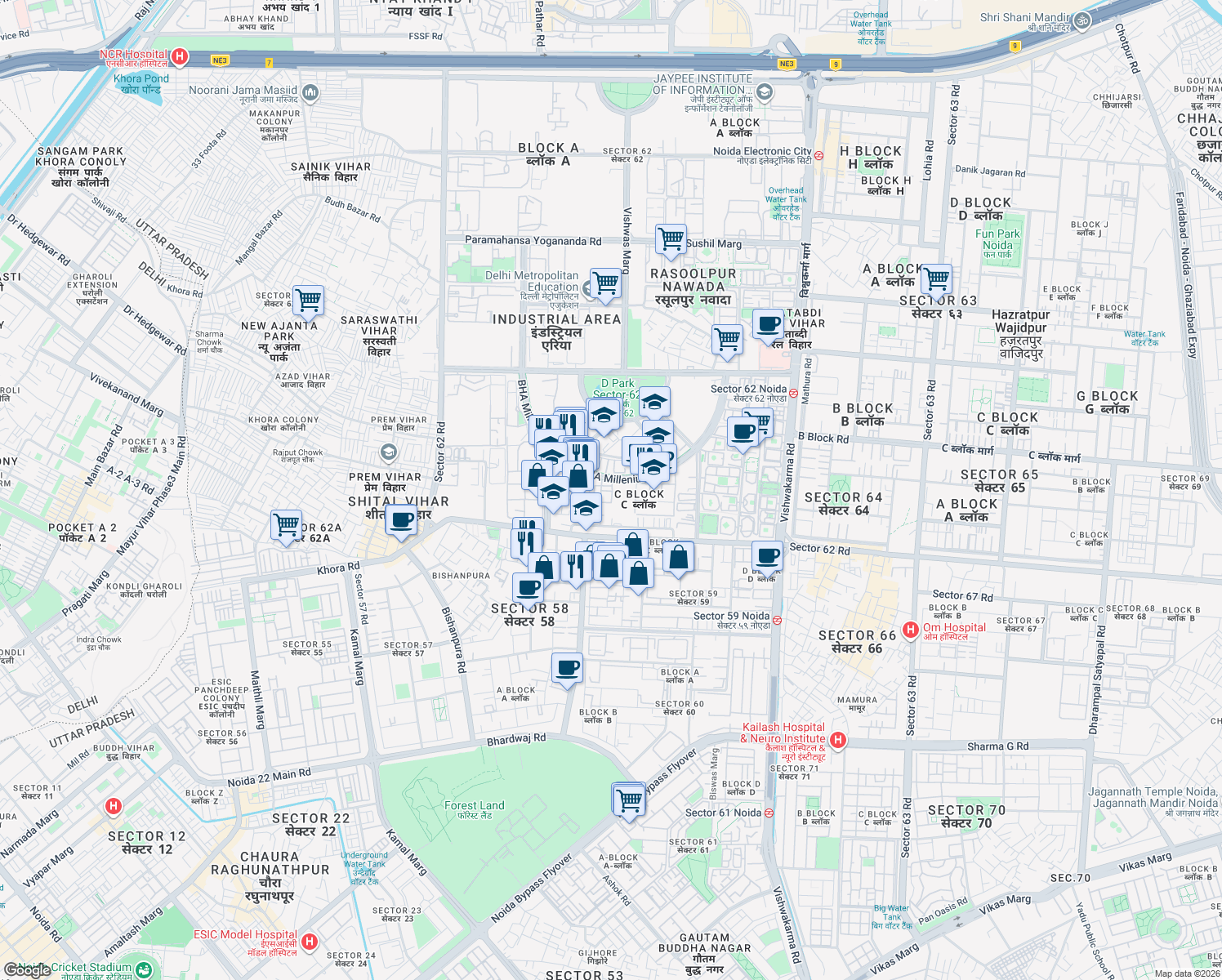 map of restaurants, bars, coffee shops, grocery stores, and more near in Noida