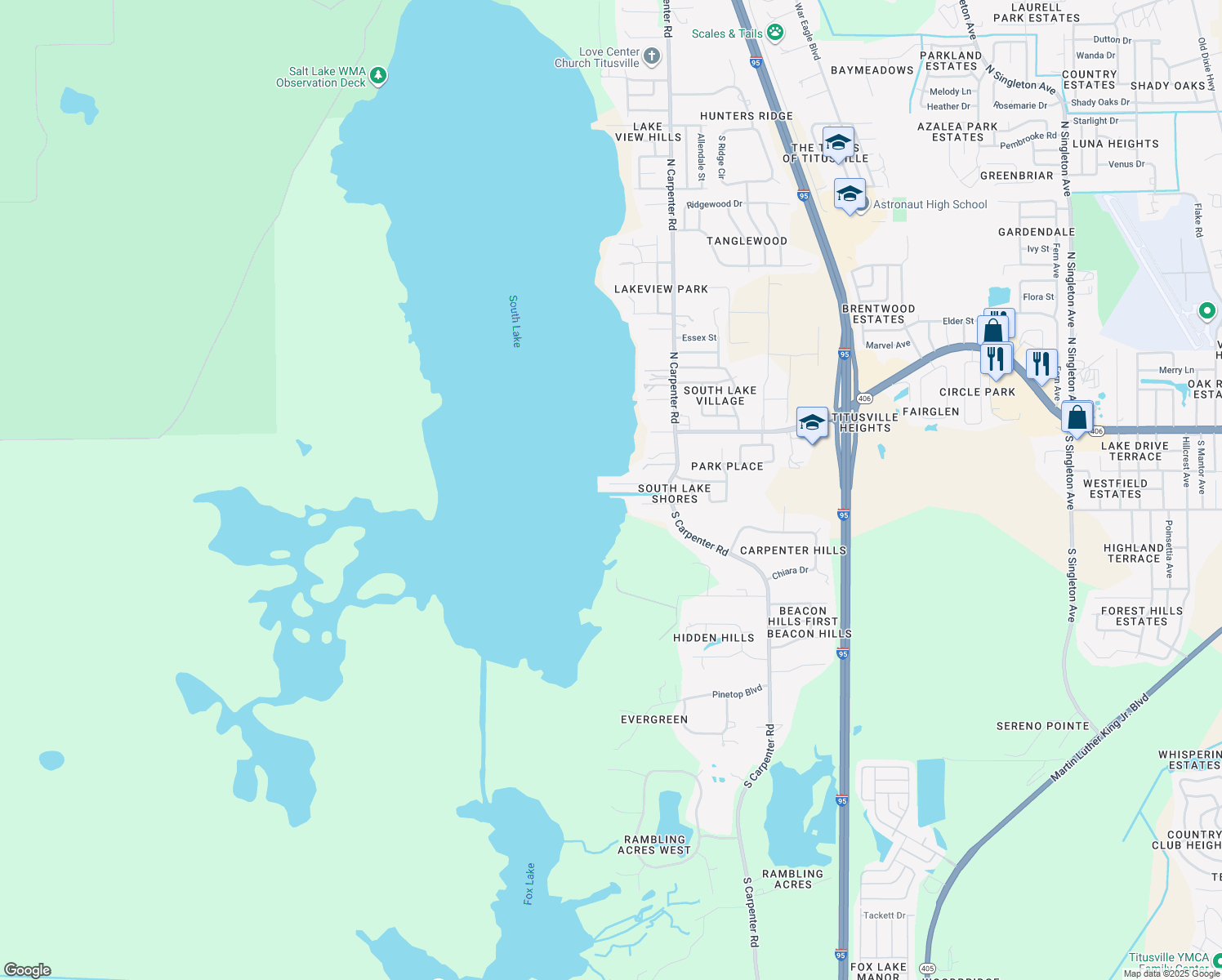 map of restaurants, bars, coffee shops, grocery stores, and more near 4225 Tiwa Lane in Titusville