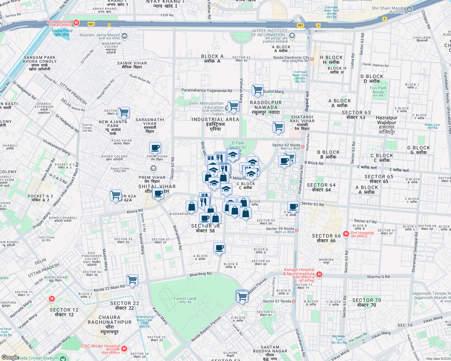 map of restaurants, bars, coffee shops, grocery stores, and more near in Noida