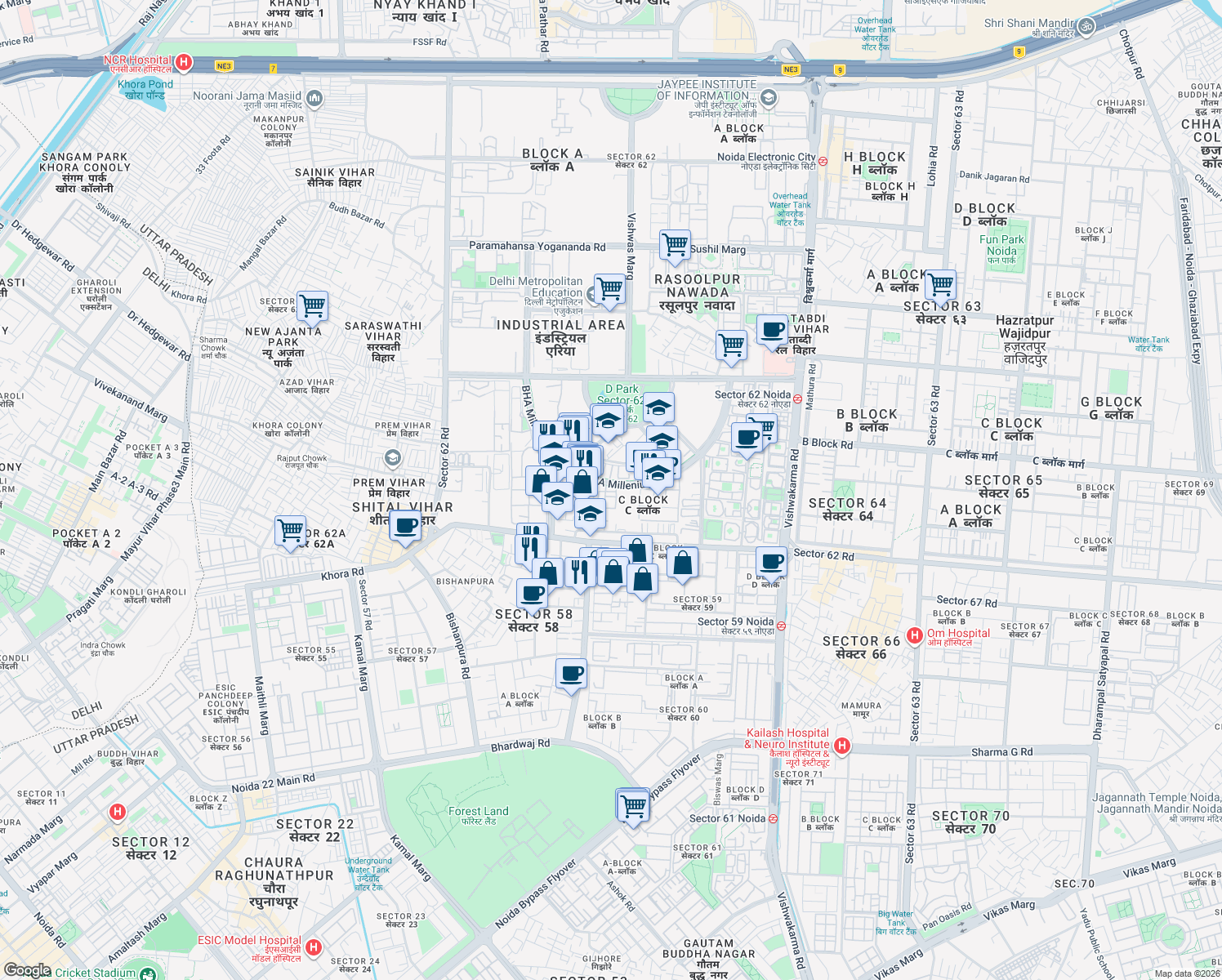 map of restaurants, bars, coffee shops, grocery stores, and more near in Noida