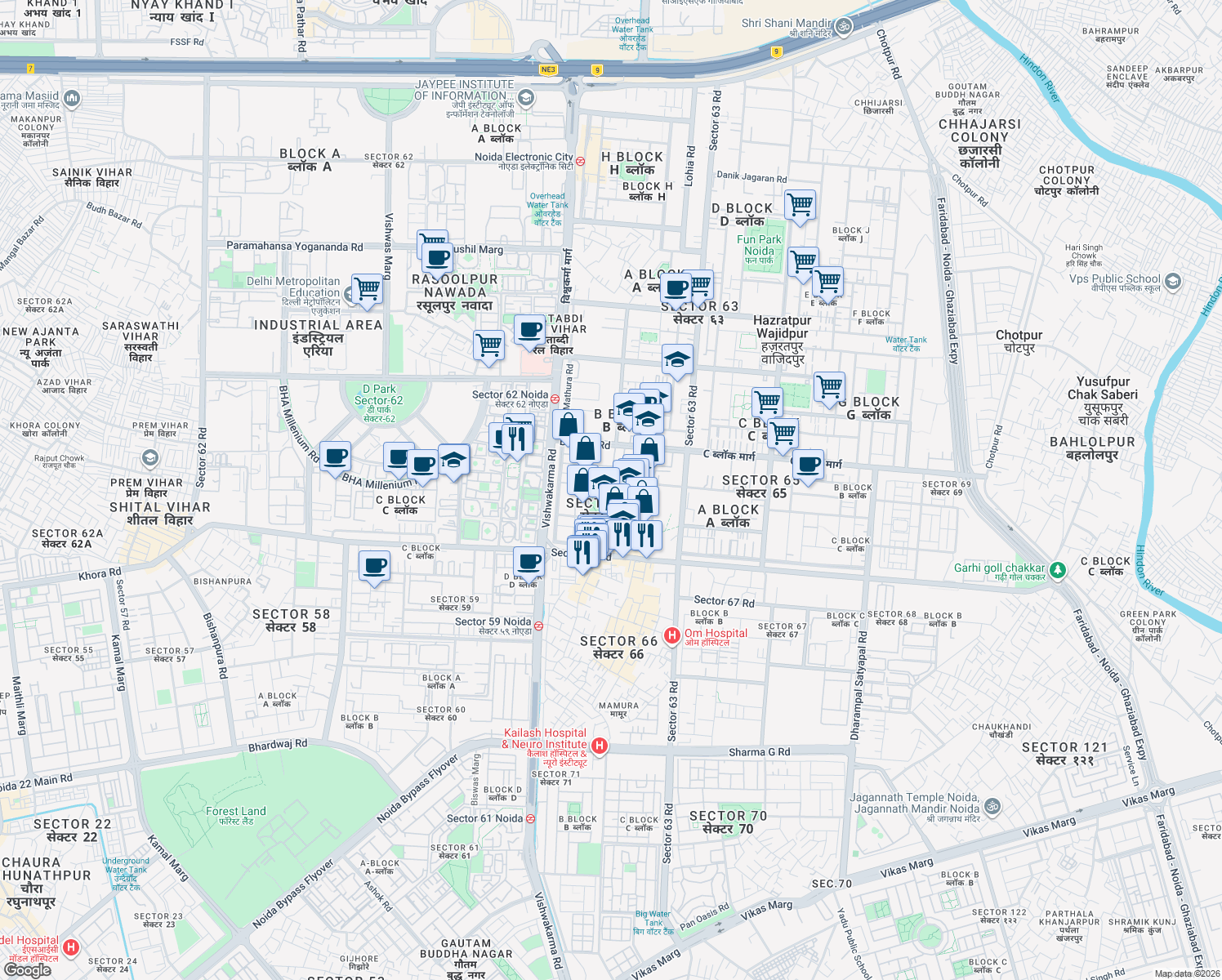 map of restaurants, bars, coffee shops, grocery stores, and more near in Noida