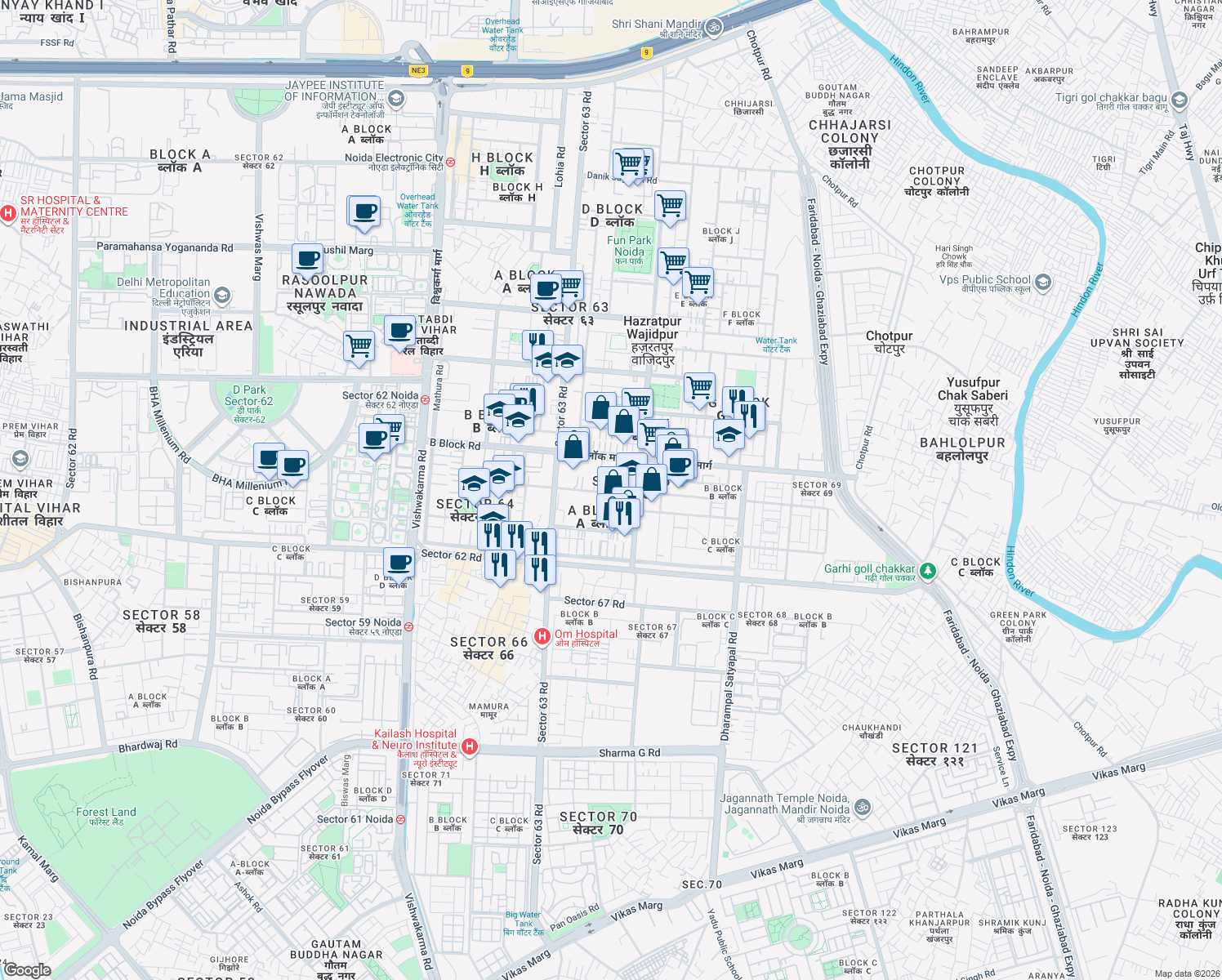 map of restaurants, bars, coffee shops, grocery stores, and more near in Noida