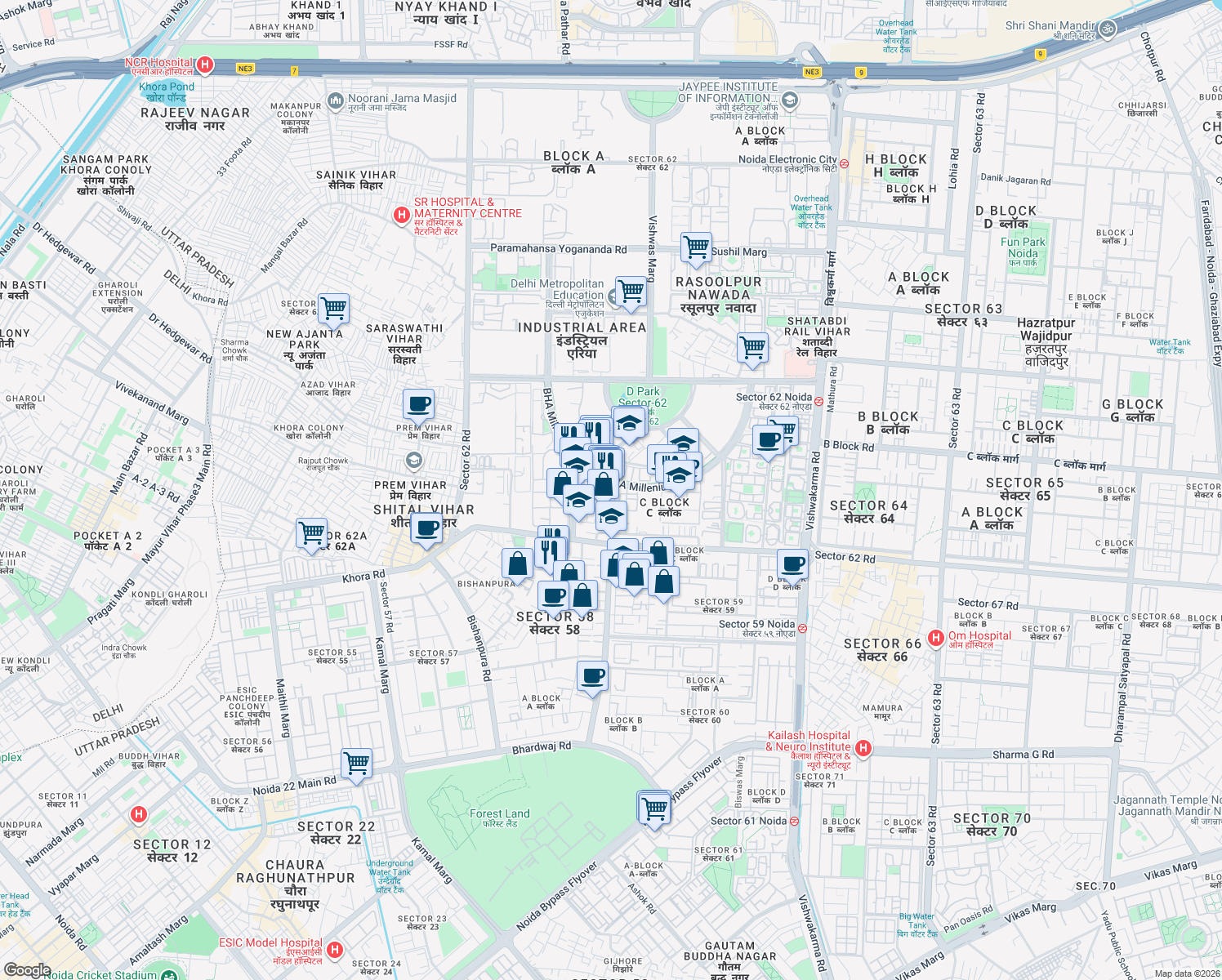 map of restaurants, bars, coffee shops, grocery stores, and more near in Noida