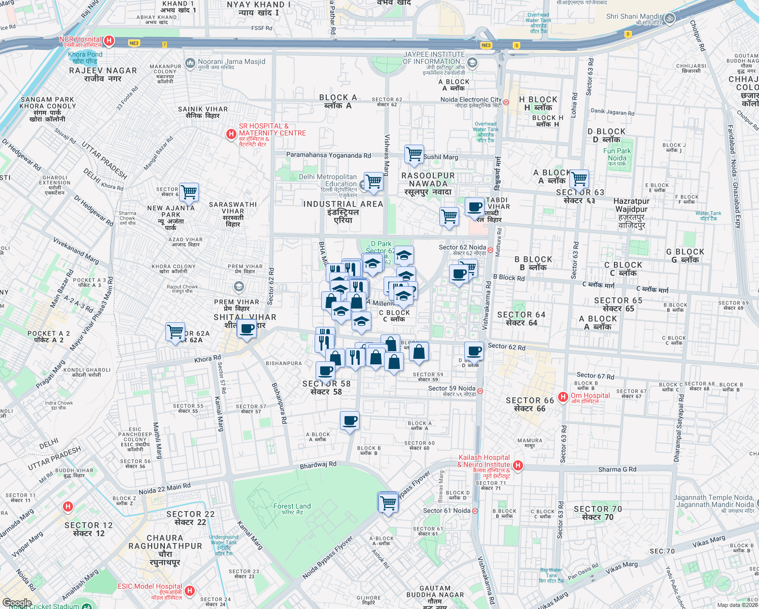 map of restaurants, bars, coffee shops, grocery stores, and more near in Noida
