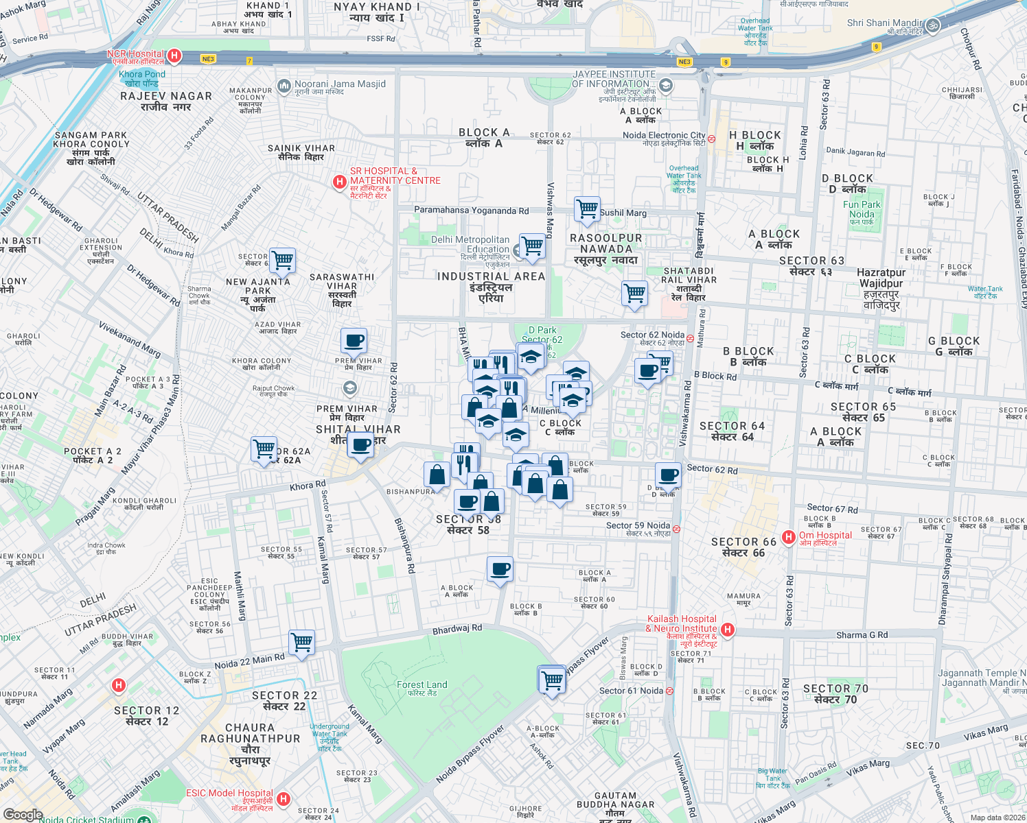 map of restaurants, bars, coffee shops, grocery stores, and more near in Noida
