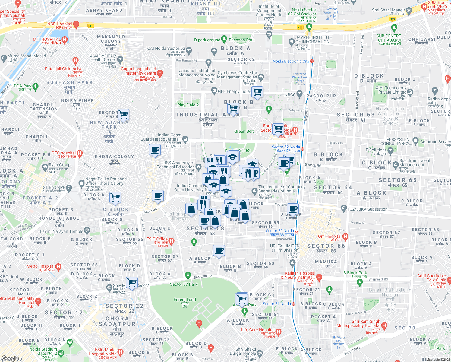 map of restaurants, bars, coffee shops, grocery stores, and more near in Noida