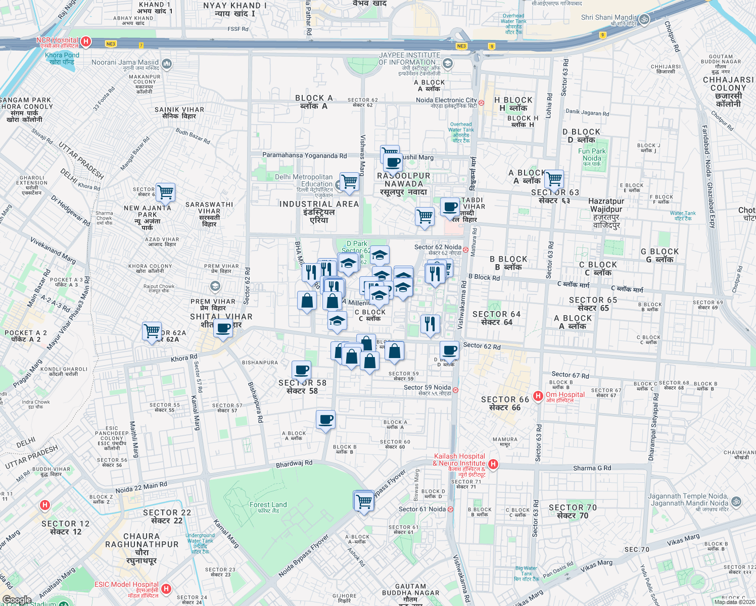 map of restaurants, bars, coffee shops, grocery stores, and more near in Noida