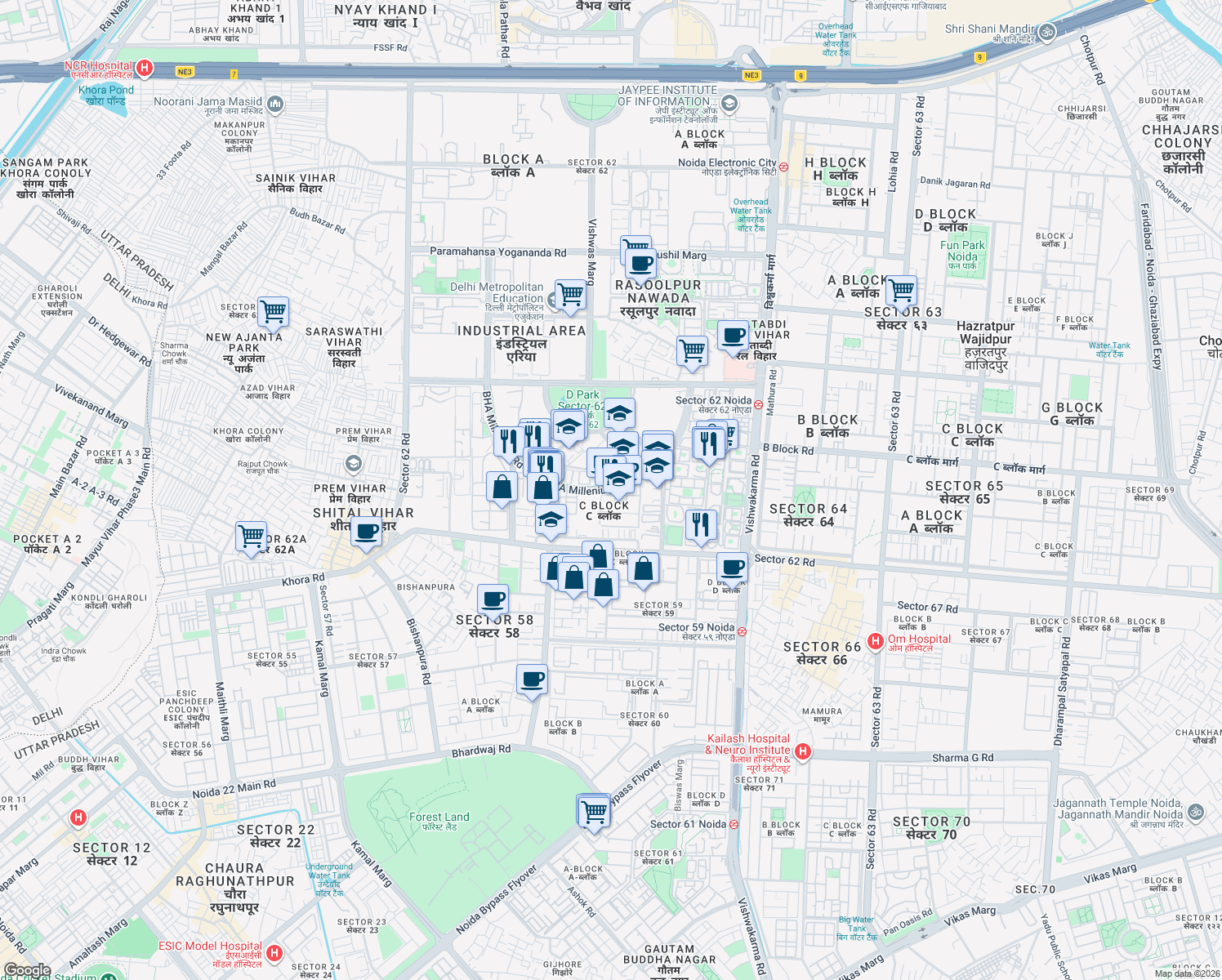 map of restaurants, bars, coffee shops, grocery stores, and more near in Noida