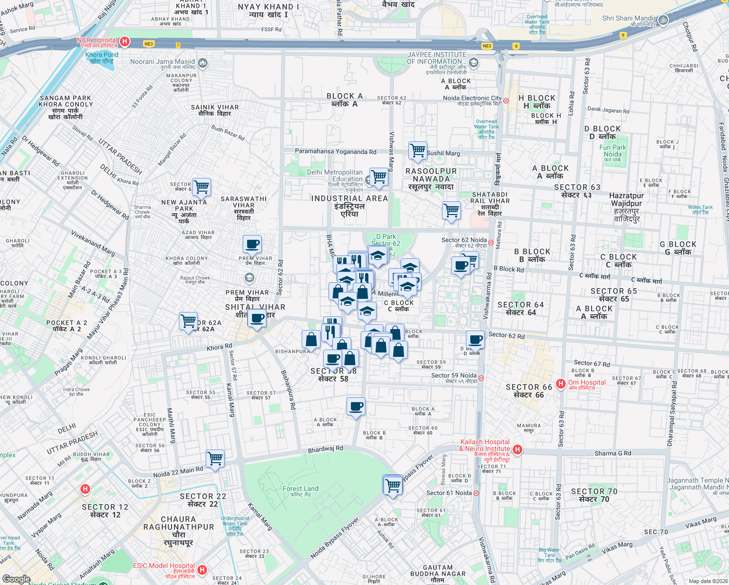 map of restaurants, bars, coffee shops, grocery stores, and more near in Noida