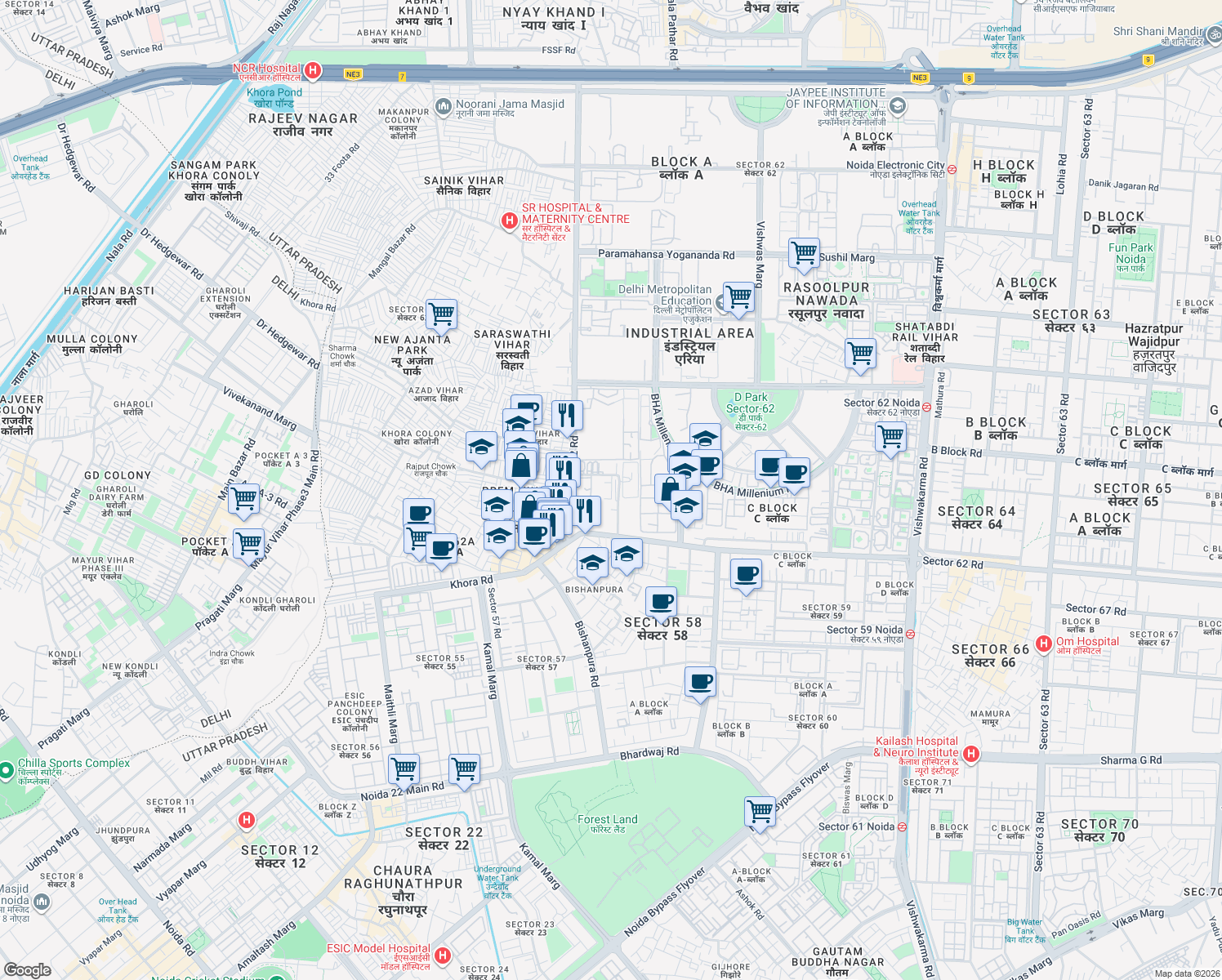 map of restaurants, bars, coffee shops, grocery stores, and more near in Noida