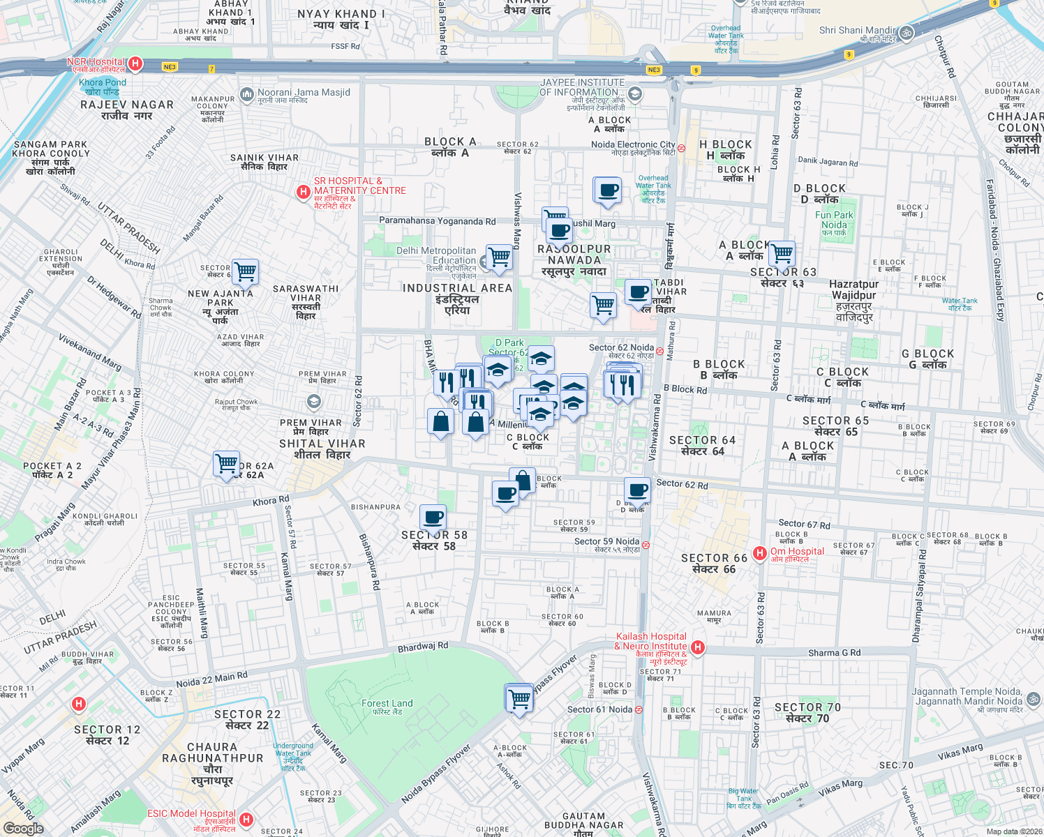 map of restaurants, bars, coffee shops, grocery stores, and more near in Noida