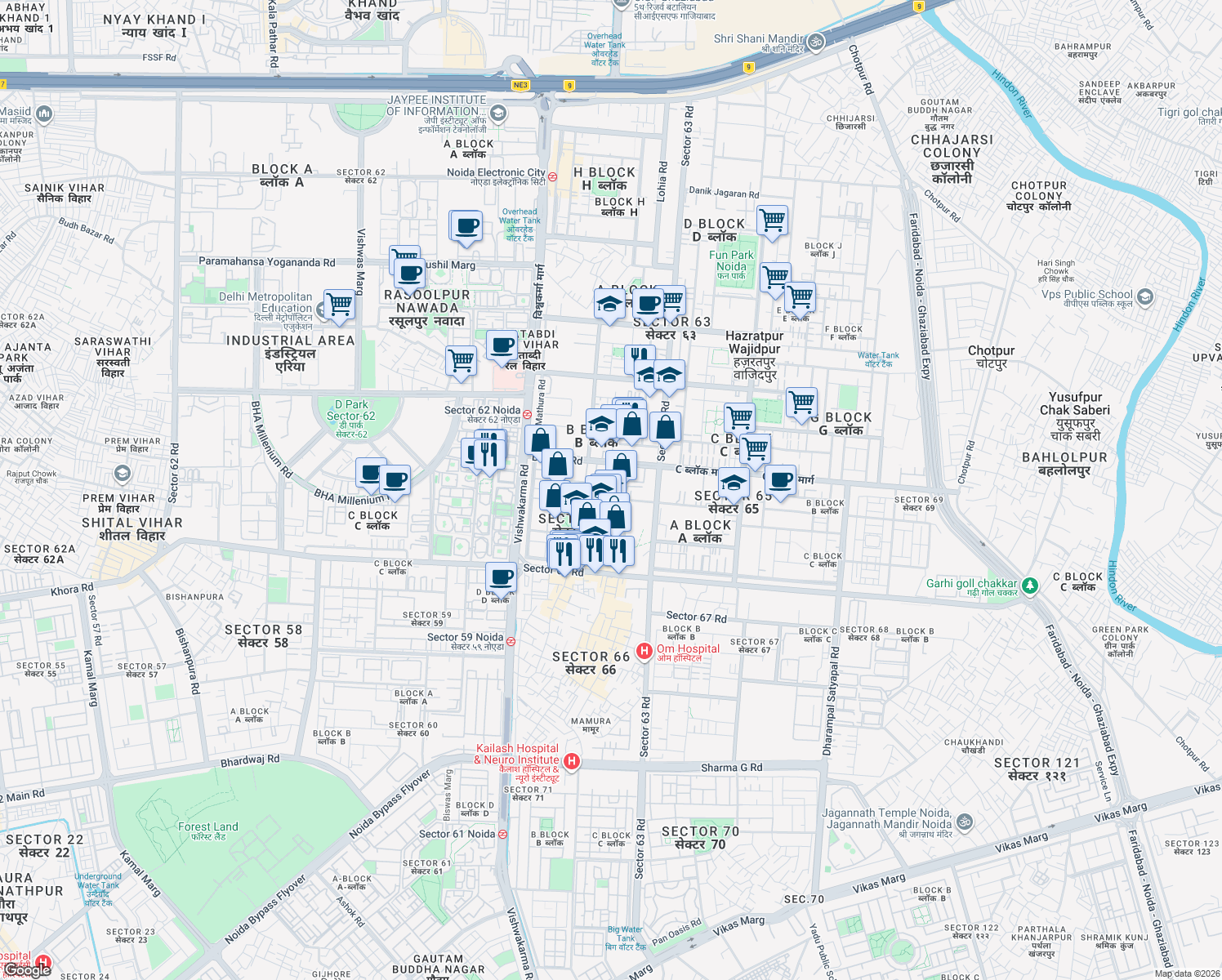 map of restaurants, bars, coffee shops, grocery stores, and more near A-6 A Block Road in Noida