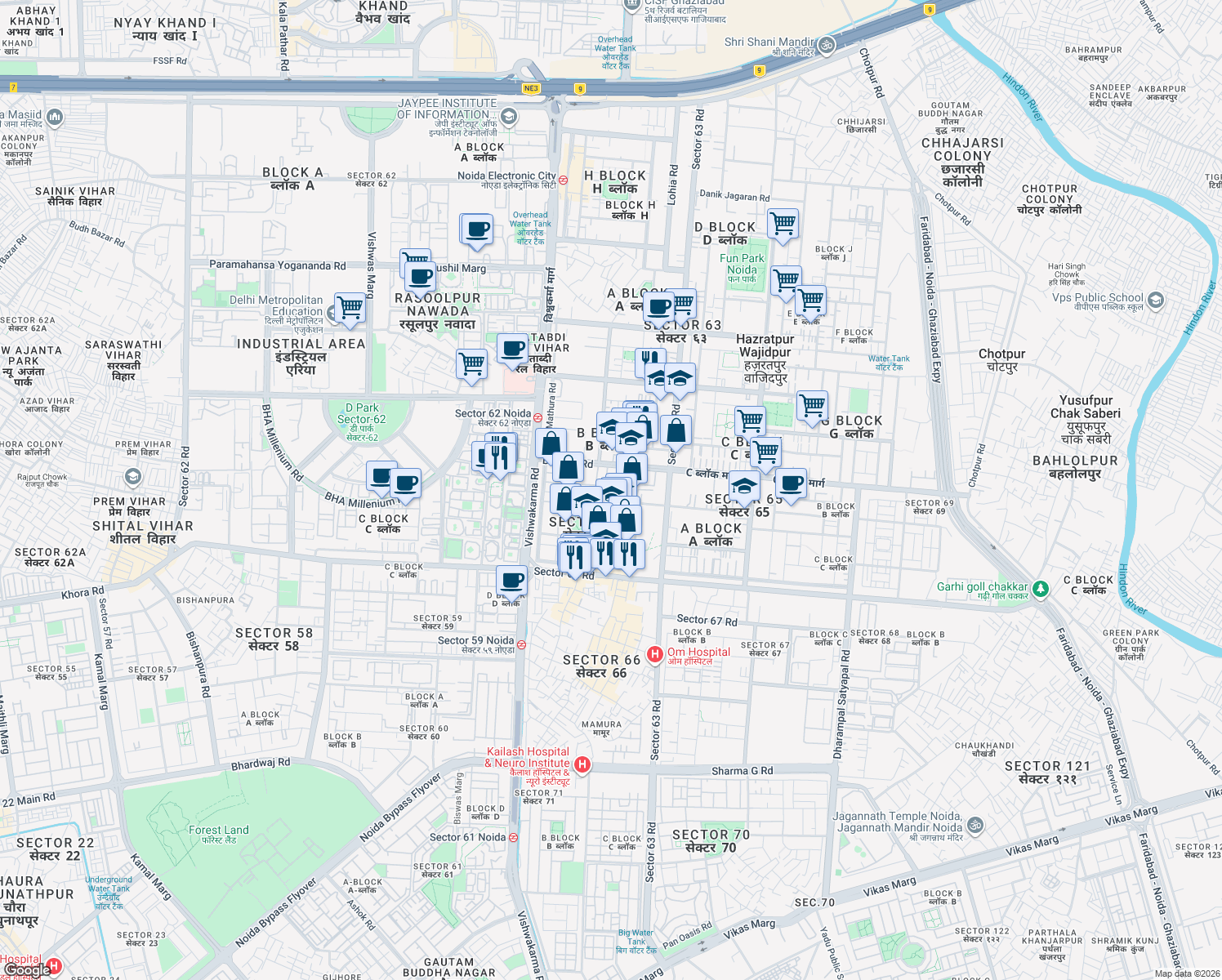 map of restaurants, bars, coffee shops, grocery stores, and more near B Block Road in Noida
