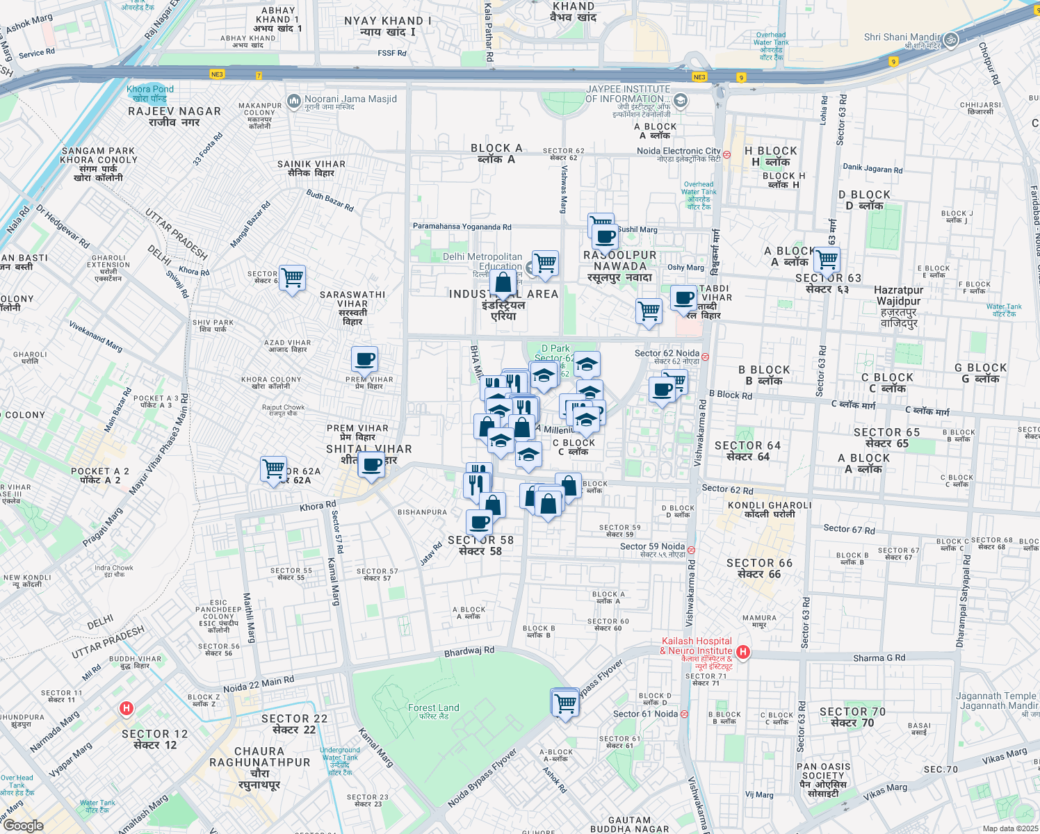 map of restaurants, bars, coffee shops, grocery stores, and more near in Noida