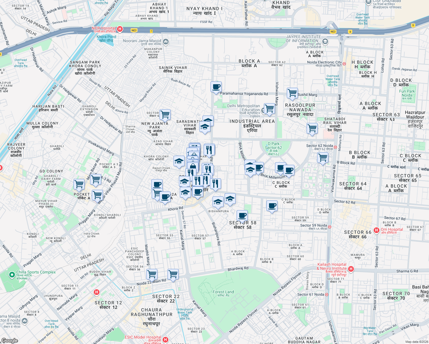 map of restaurants, bars, coffee shops, grocery stores, and more near in Noida