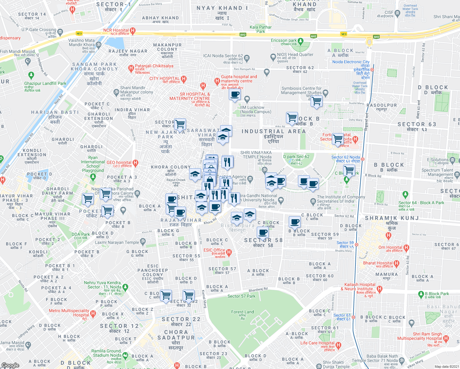 map of restaurants, bars, coffee shops, grocery stores, and more near in Noida