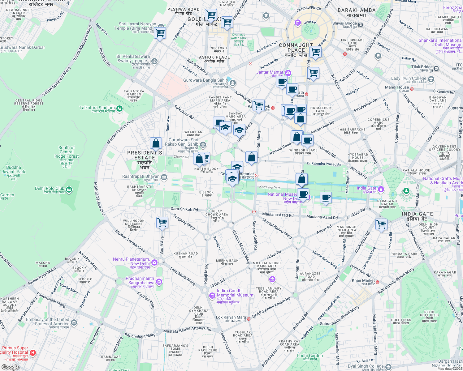 map of restaurants, bars, coffee shops, grocery stores, and more near in New Delhi