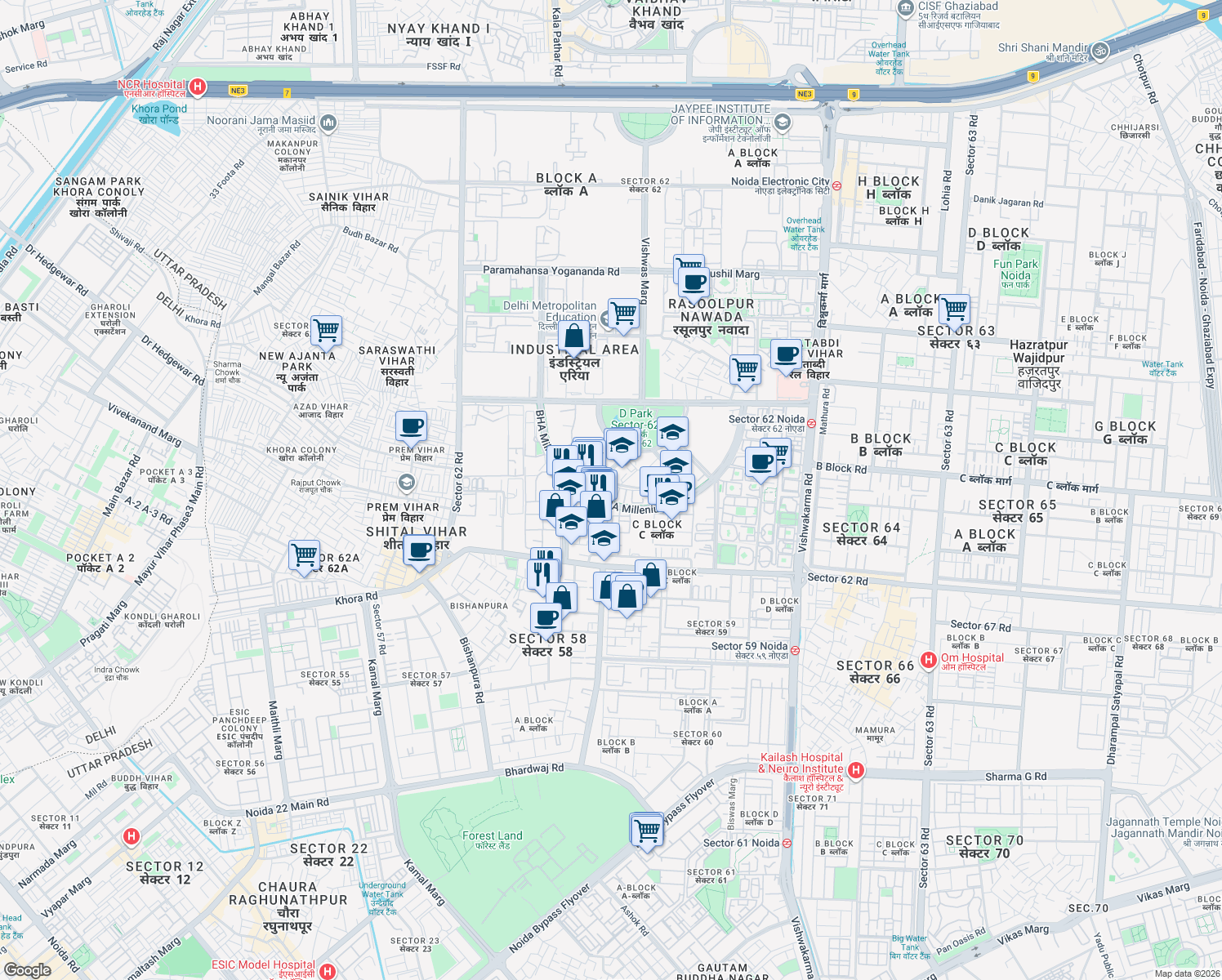 map of restaurants, bars, coffee shops, grocery stores, and more near in Noida
