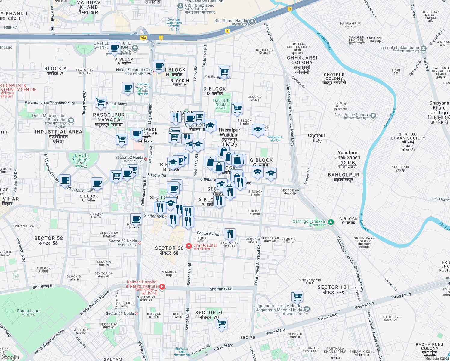 map of restaurants, bars, coffee shops, grocery stores, and more near B Block Road in Noida
