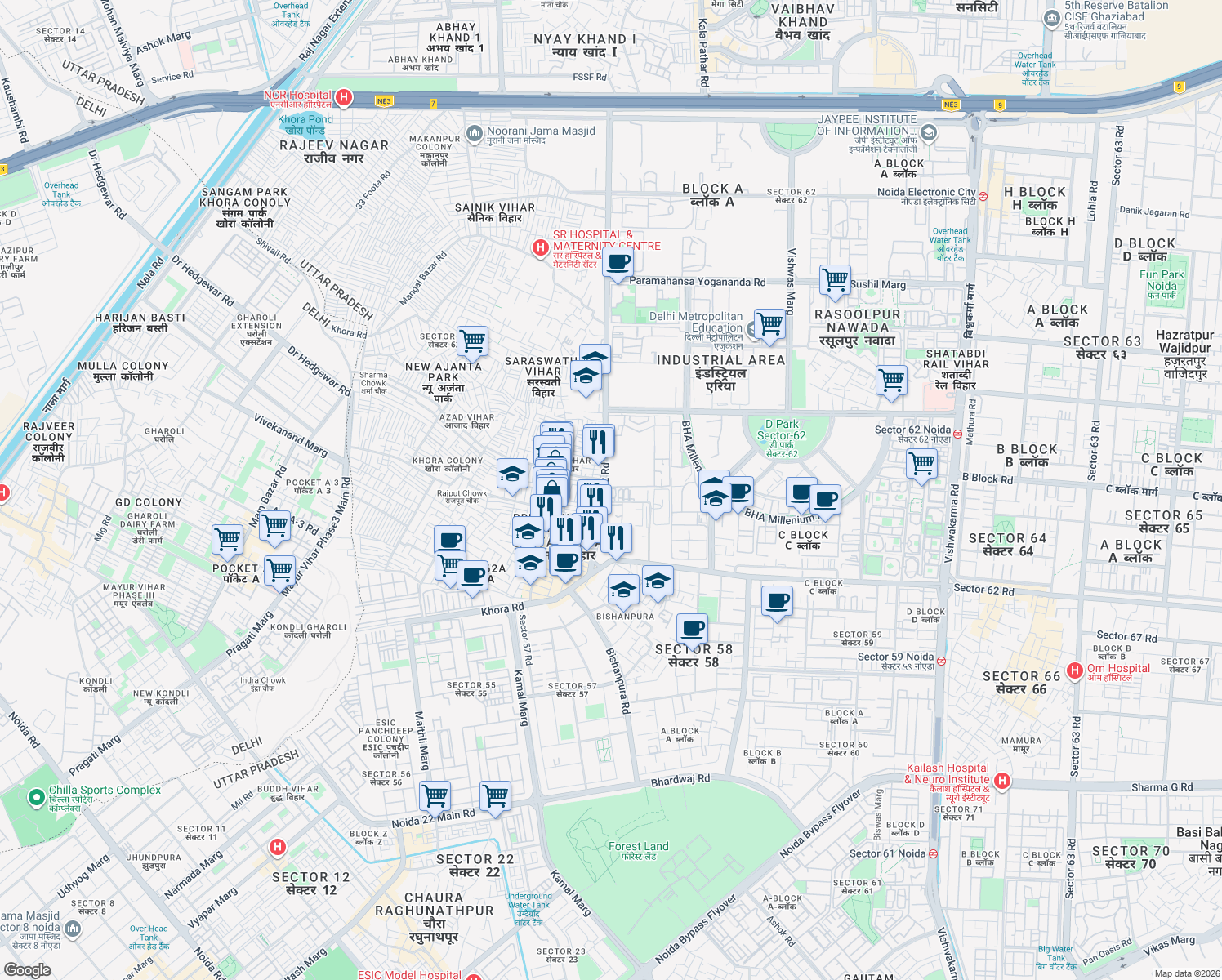 map of restaurants, bars, coffee shops, grocery stores, and more near in Noida