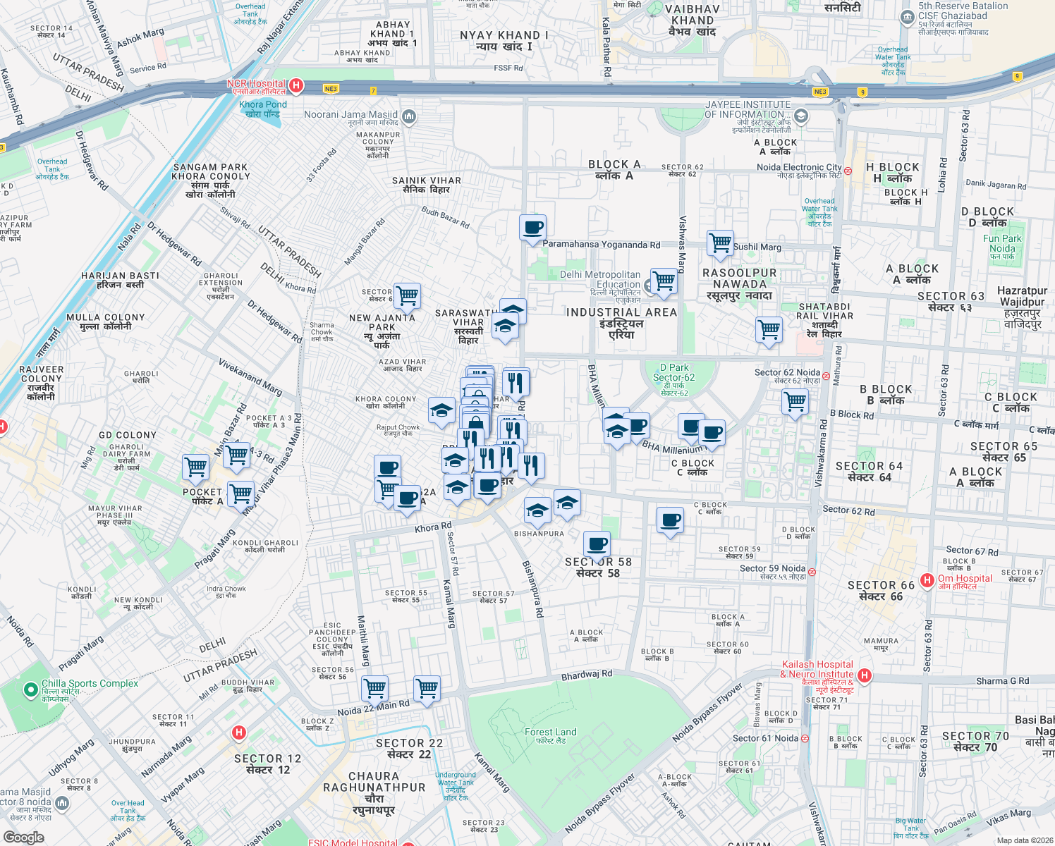 map of restaurants, bars, coffee shops, grocery stores, and more near in Noida