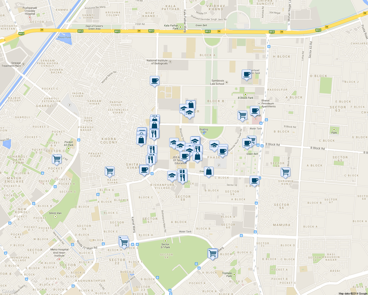 map of restaurants, bars, coffee shops, grocery stores, and more near JSS Boys Hostel Road in Noida