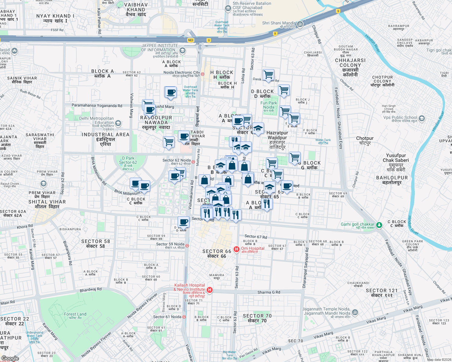 map of restaurants, bars, coffee shops, grocery stores, and more near Sector 64 Road in Noida