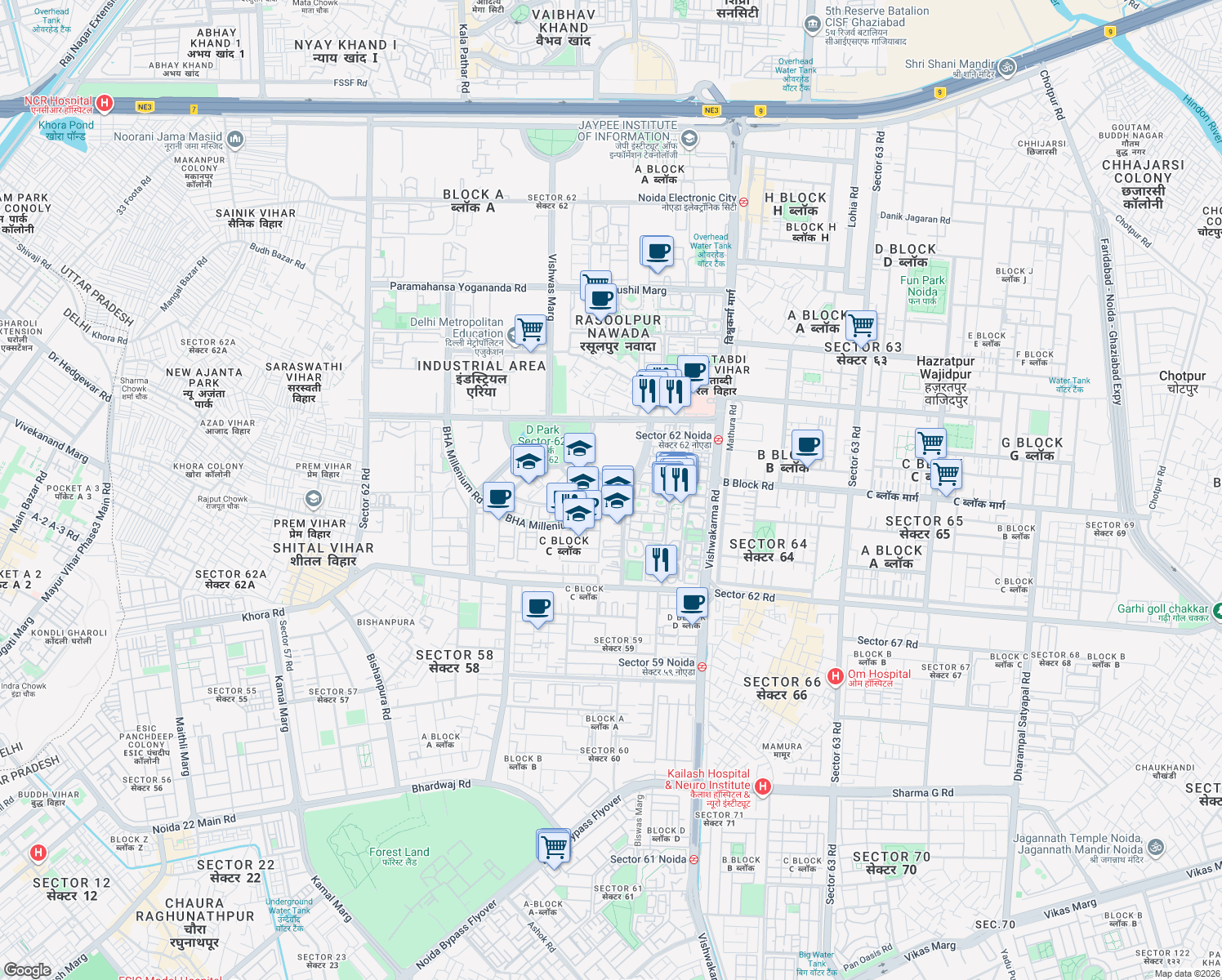 map of restaurants, bars, coffee shops, grocery stores, and more near in Noida
