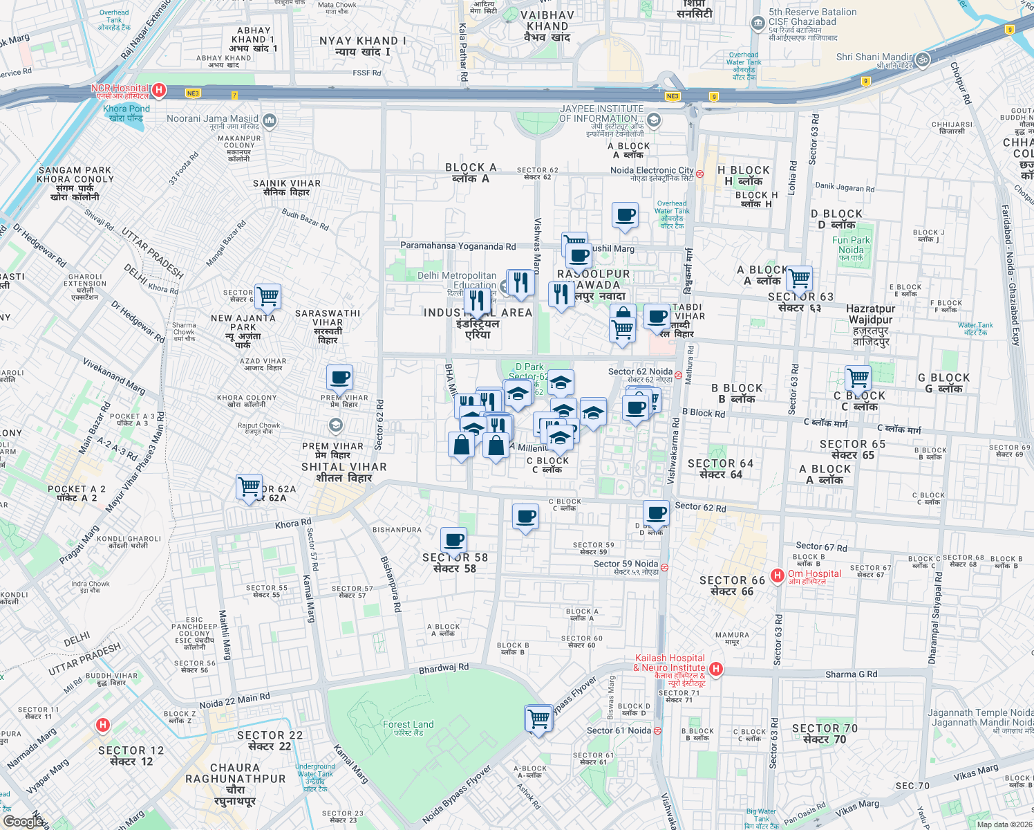 map of restaurants, bars, coffee shops, grocery stores, and more near C56A/1 Bhamlle Nium Tower Road in Noida