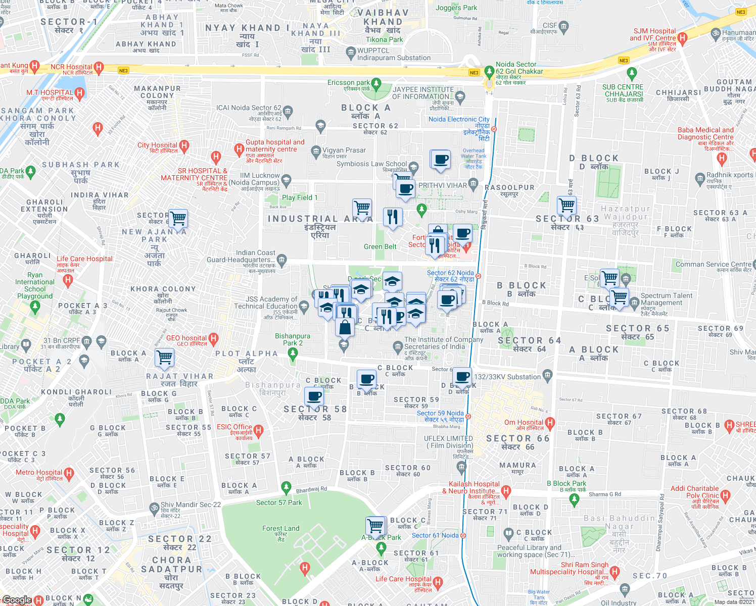 map of restaurants, bars, coffee shops, grocery stores, and more near in Noida