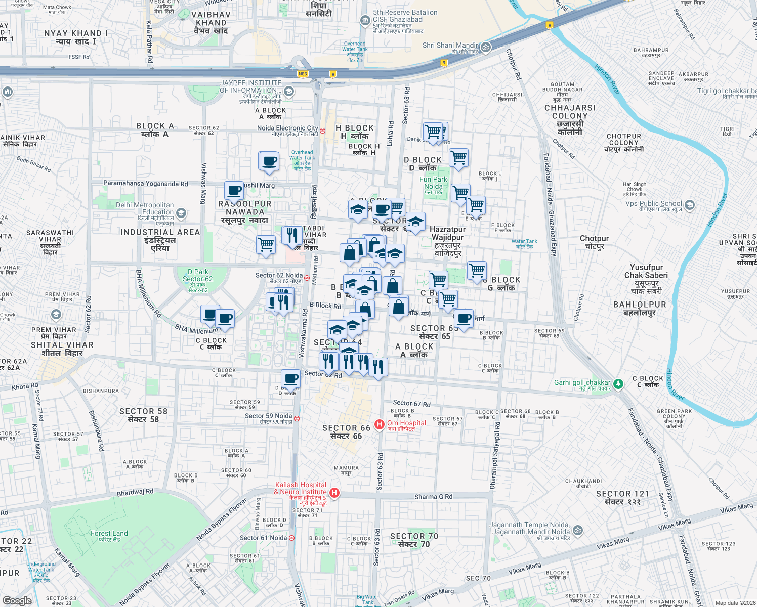 map of restaurants, bars, coffee shops, grocery stores, and more near in Noida