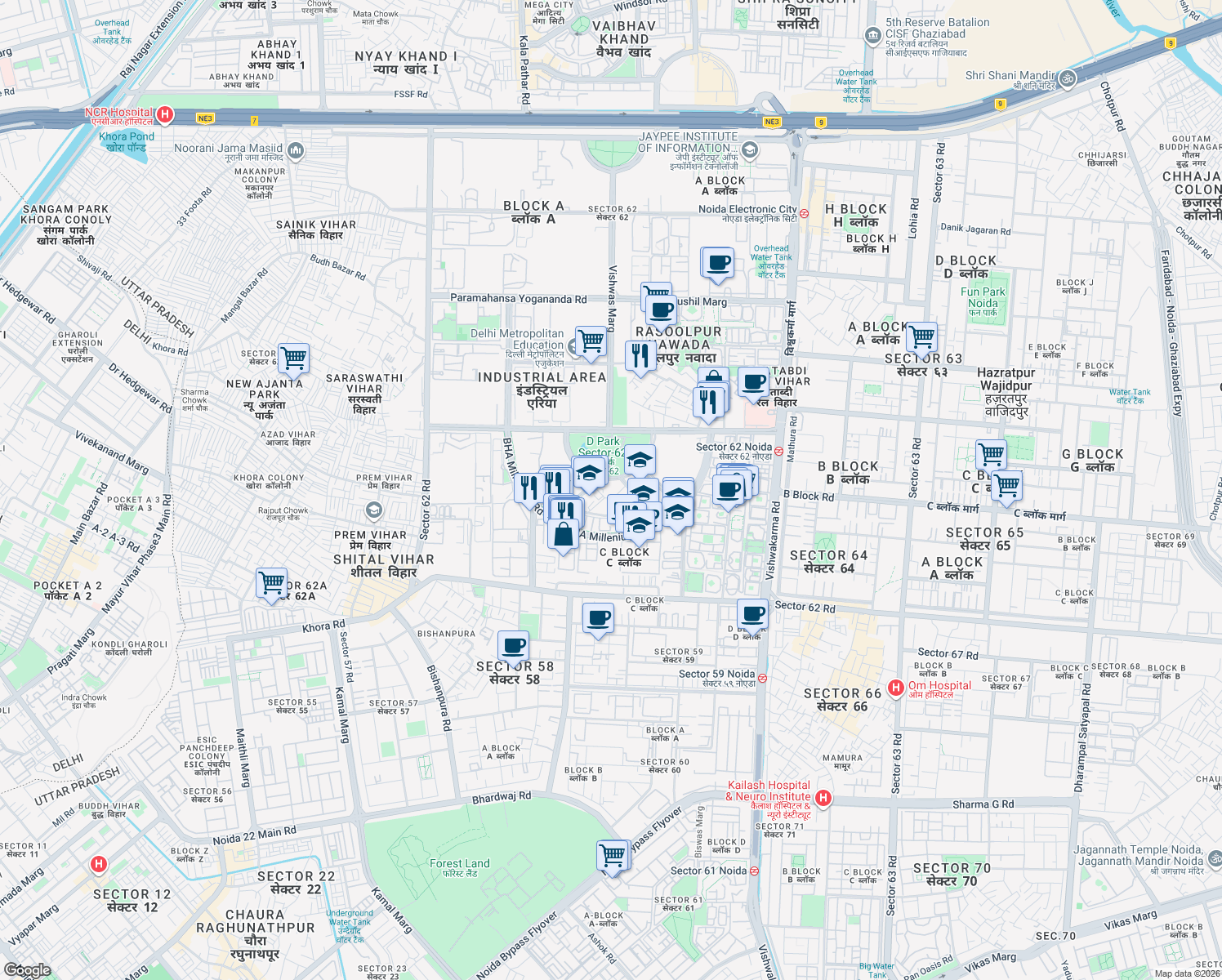 map of restaurants, bars, coffee shops, grocery stores, and more near in Noida