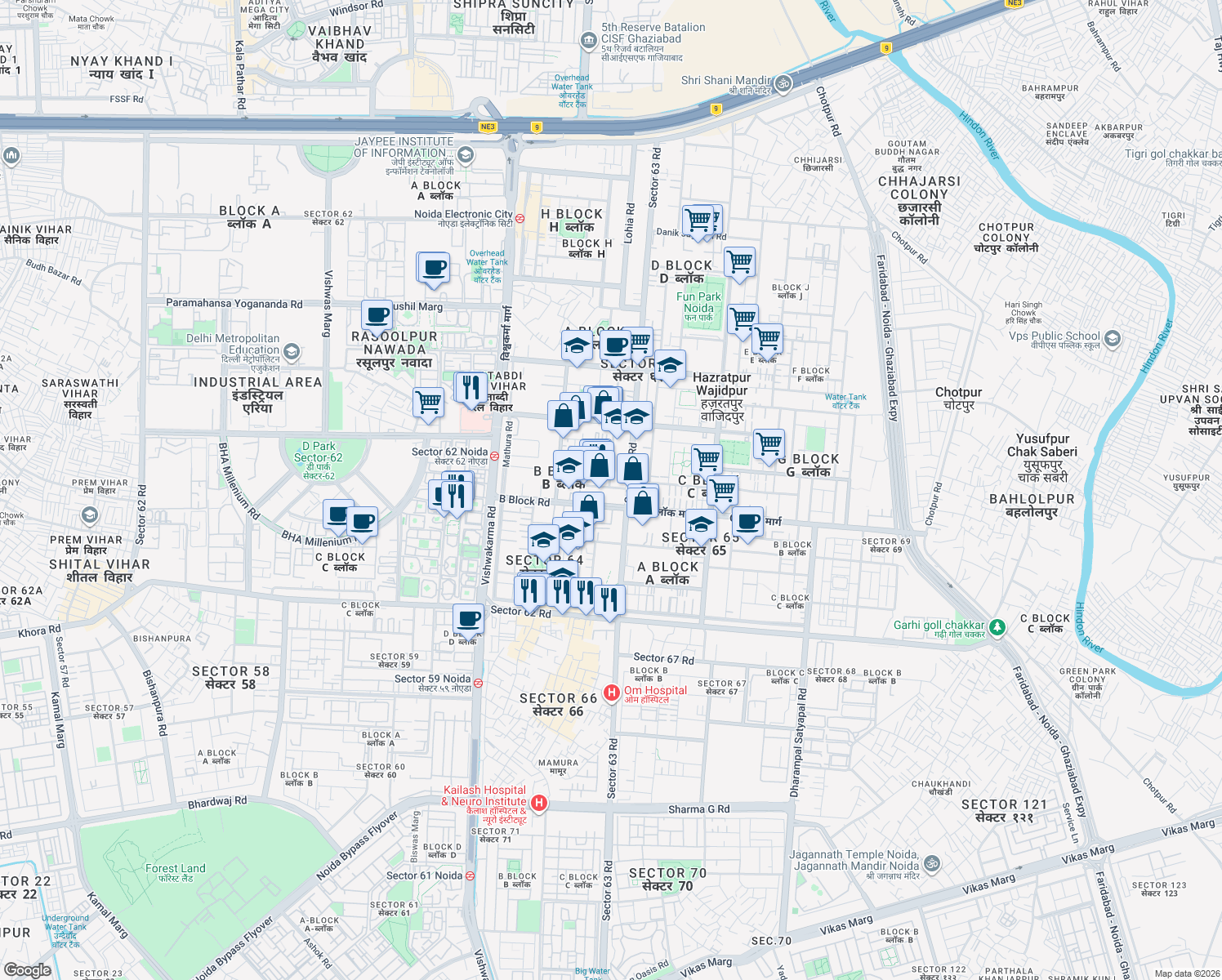 map of restaurants, bars, coffee shops, grocery stores, and more near in Noida