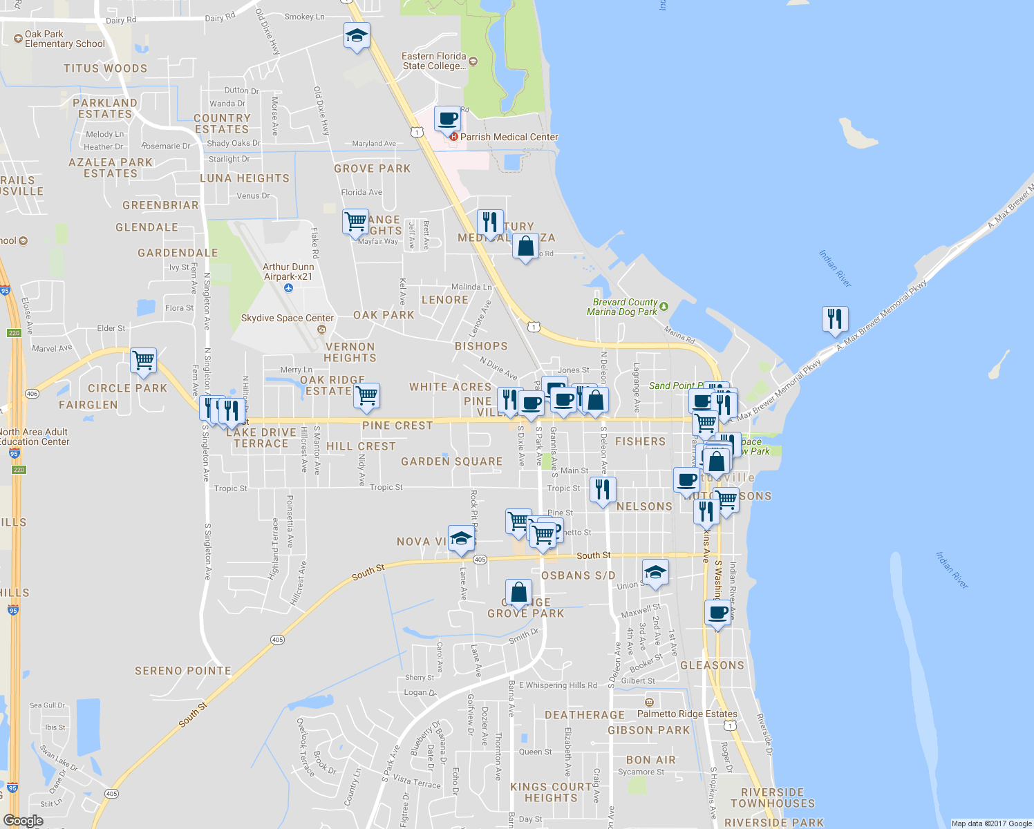 map of restaurants, bars, coffee shops, grocery stores, and more near 1504 Garden Street in Titusville