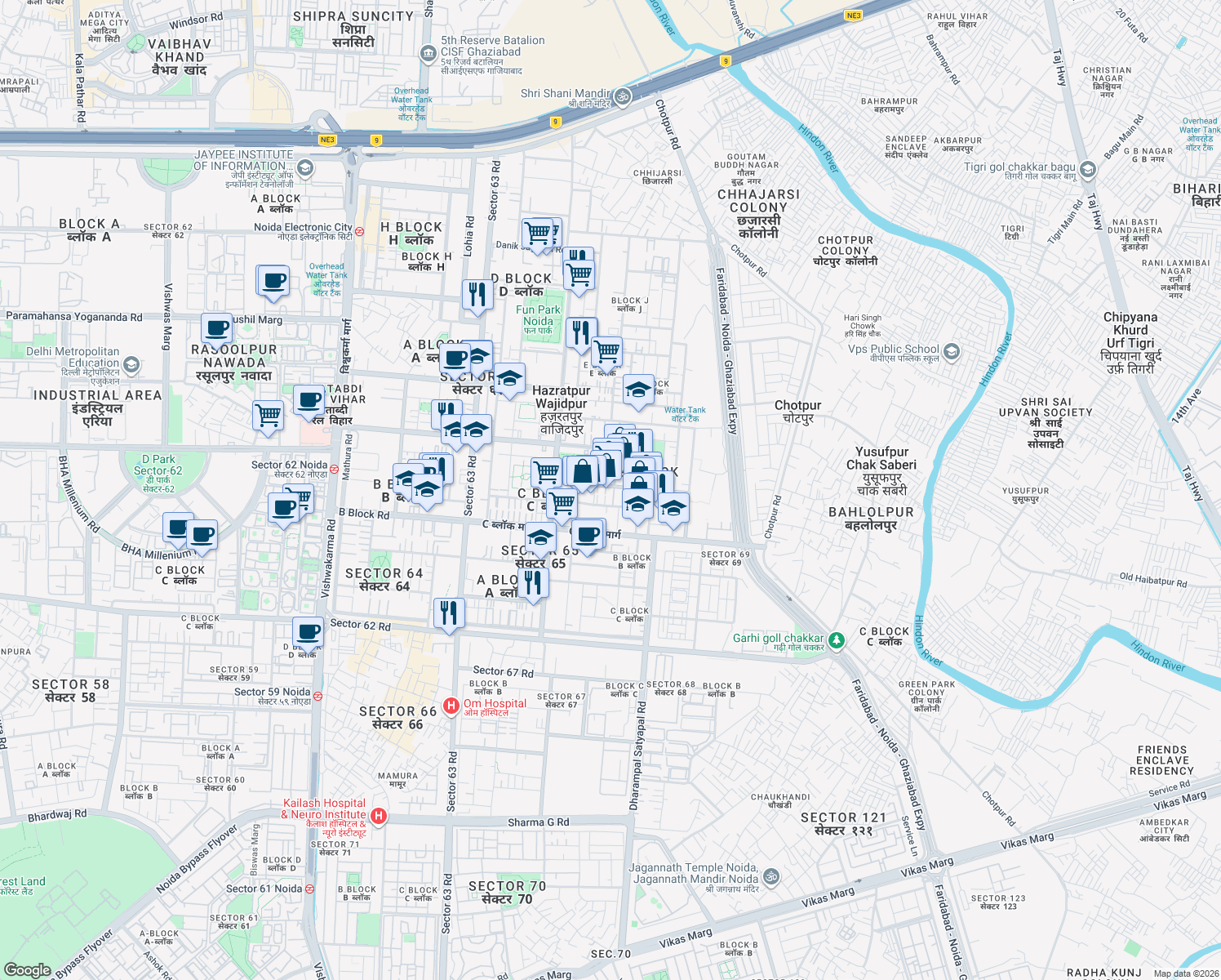 map of restaurants, bars, coffee shops, grocery stores, and more near in Noida