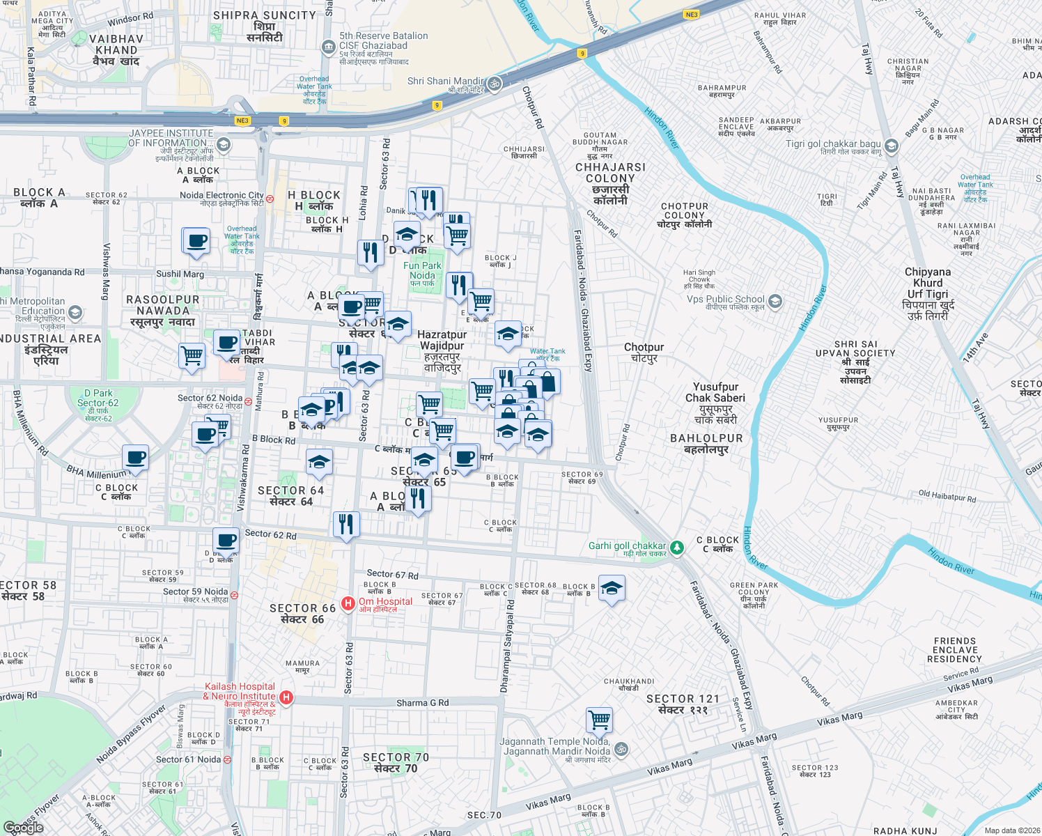 map of restaurants, bars, coffee shops, grocery stores, and more near in Noida