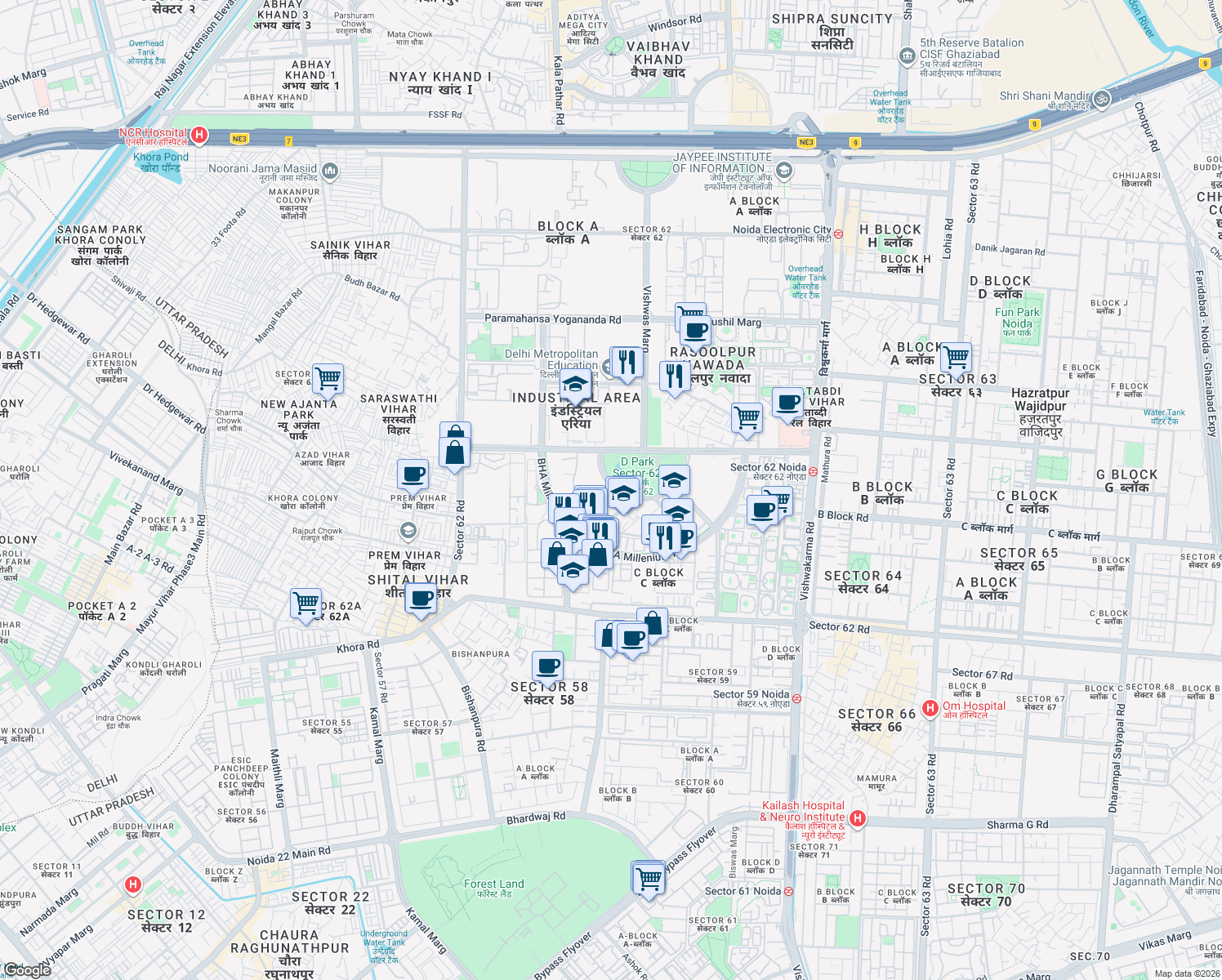 map of restaurants, bars, coffee shops, grocery stores, and more near Overseas Lane in New Okhla Industrial Development Area
