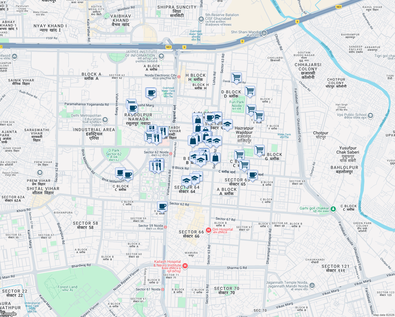 map of restaurants, bars, coffee shops, grocery stores, and more near in Noida