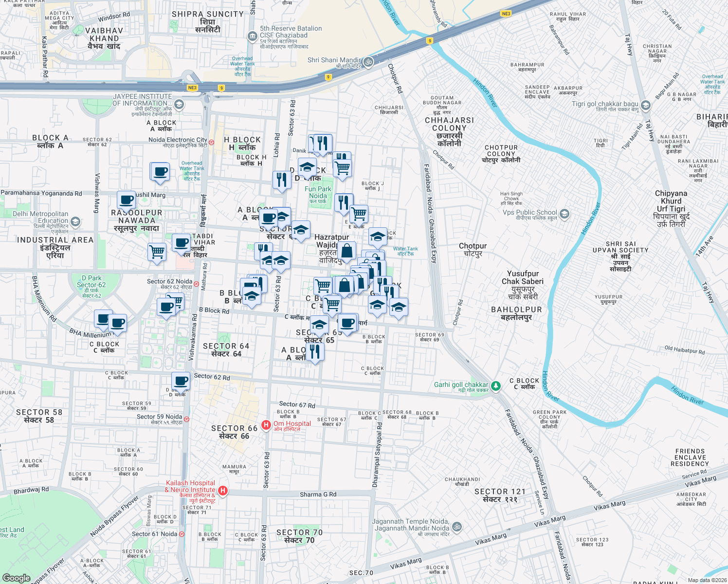 map of restaurants, bars, coffee shops, grocery stores, and more near in Noida