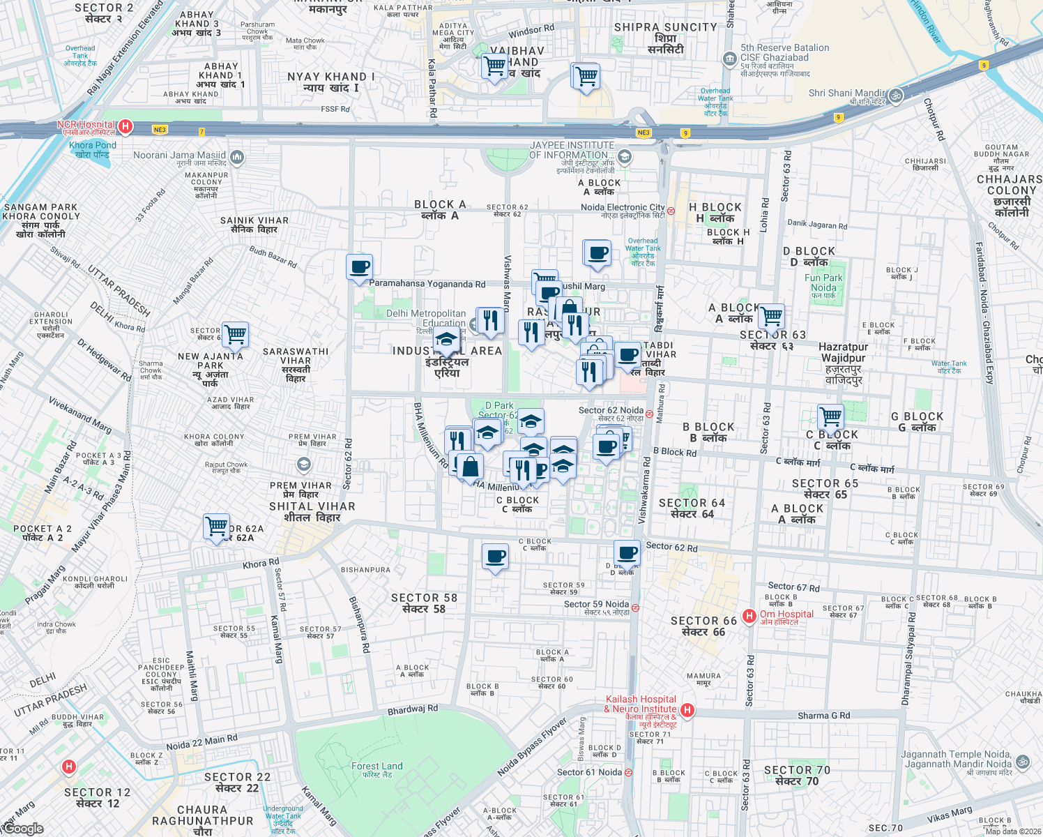 map of restaurants, bars, coffee shops, grocery stores, and more near A-33 Local Road in New Okhla Industrial Development Area