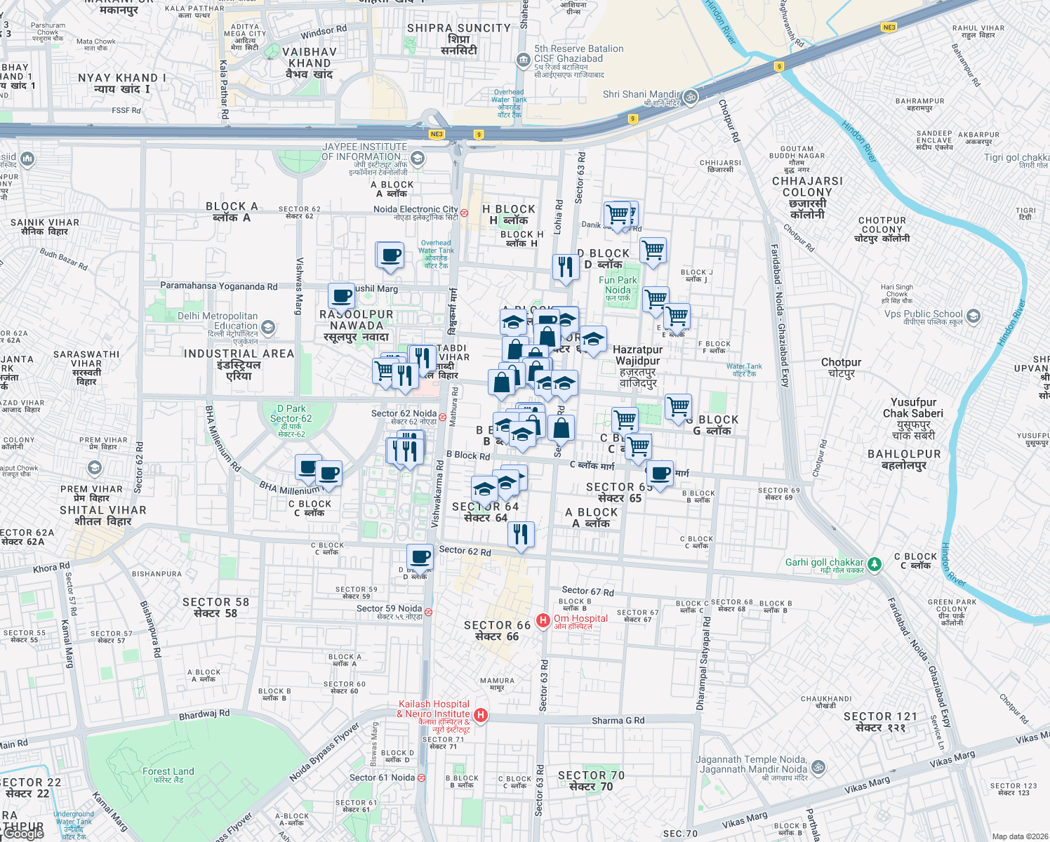 map of restaurants, bars, coffee shops, grocery stores, and more near B Block Road in Noida