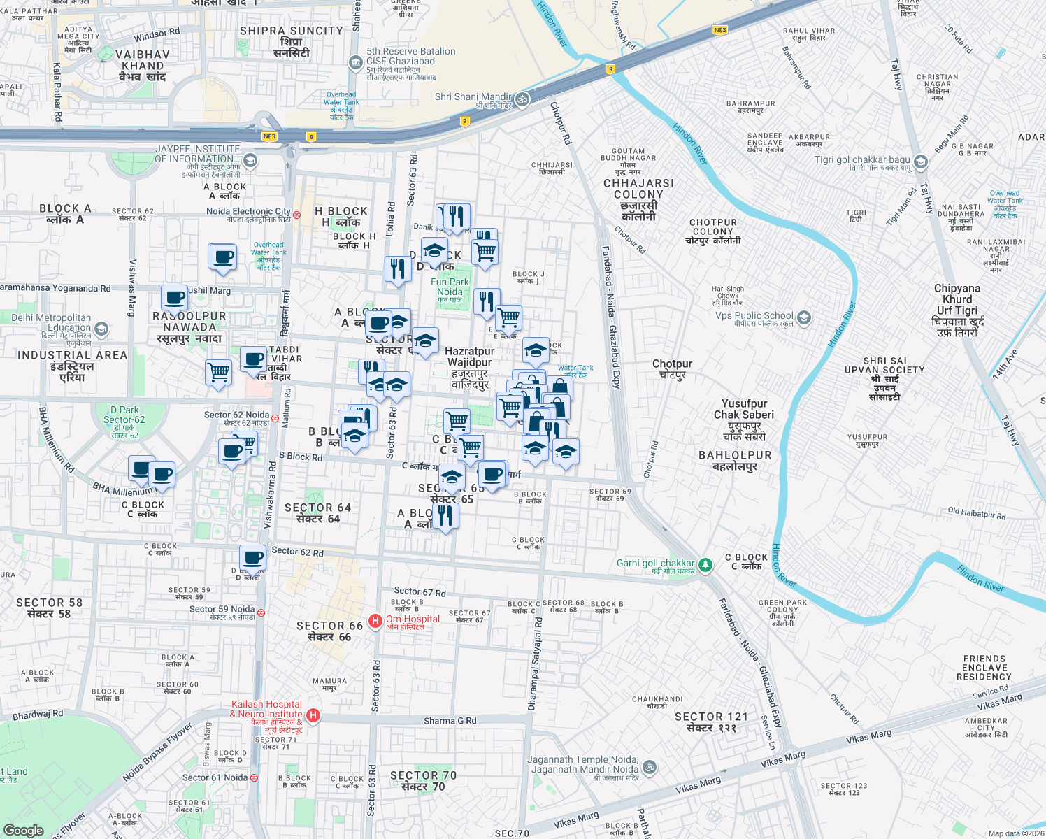 map of restaurants, bars, coffee shops, grocery stores, and more near in Noida