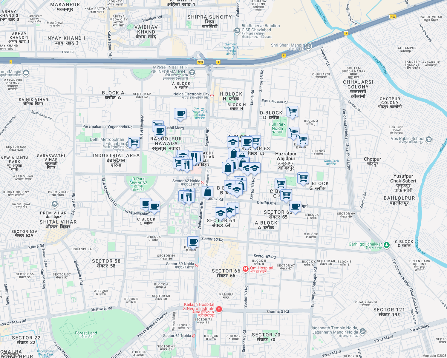 map of restaurants, bars, coffee shops, grocery stores, and more near in Noida